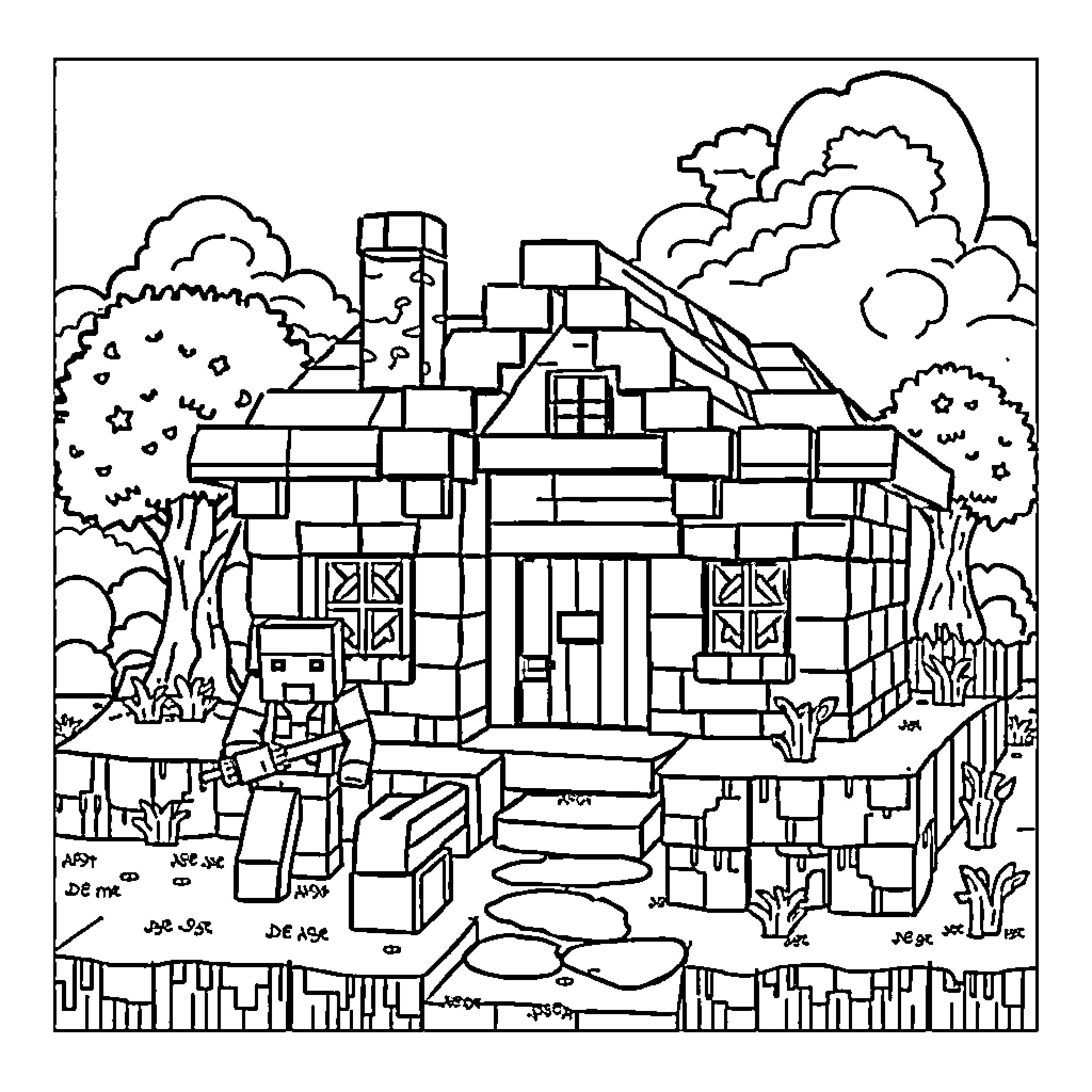 Minecraft village with characters and structures Coloring Page (free black-and-white line drawing printable PDF for all, from beginners to advanced learners, including children, teens, adults, and seniors)