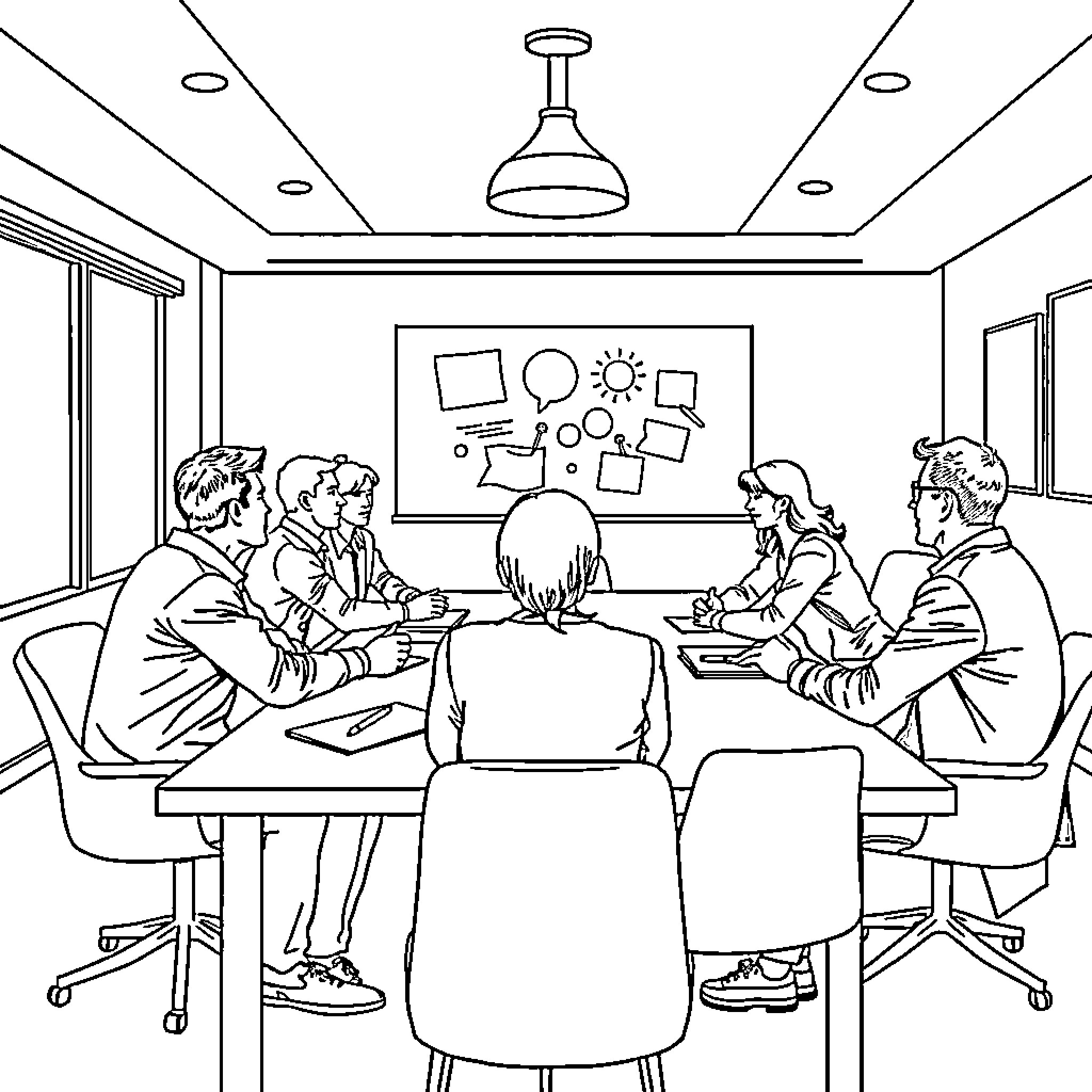 Person meeting in office with colleagues Coloring Page (free black-and-white line drawing printable PDF for all, from beginners to advanced learners, including children, teens, adults, and seniors)
