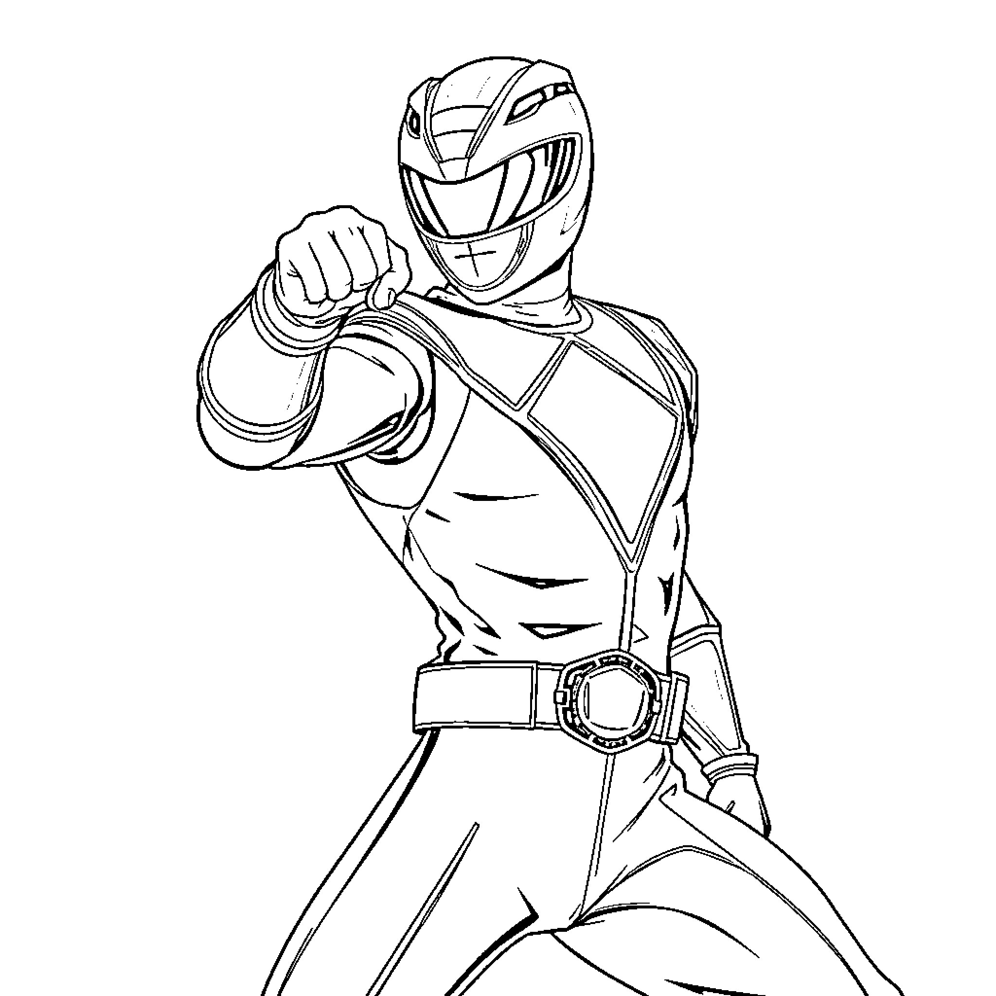 Power Ranger in fighting stance Coloring Page (free black-and-white line drawing printable PDF for all, from beginners to advanced learners, including children, teens, adults, and seniors)