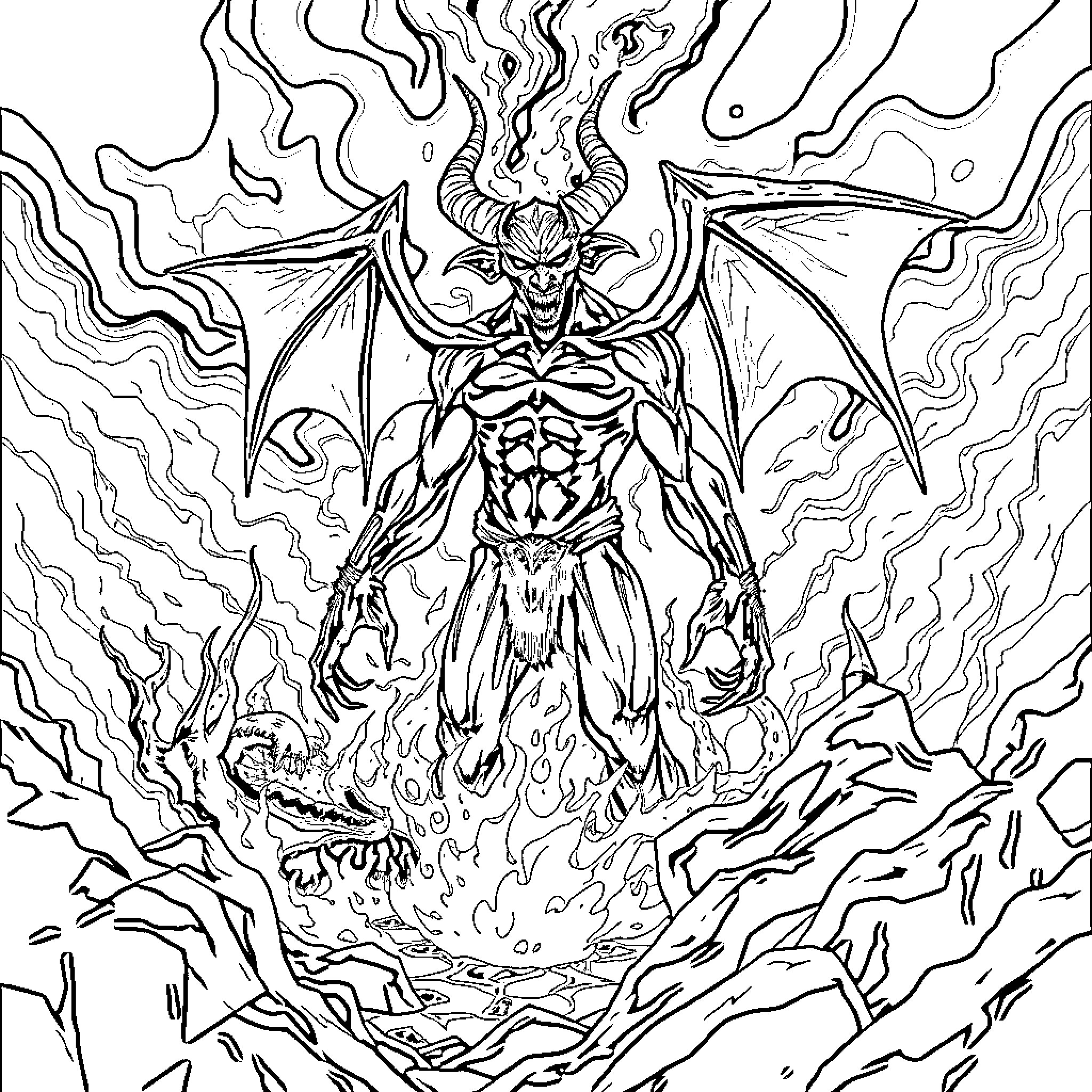 Demon Unleashing Fiery Chaos and Destruction Coloring Page (free black-and-white line drawing printable PDF for all, from beginners to advanced learners, including children, teens, adults, and seniors)