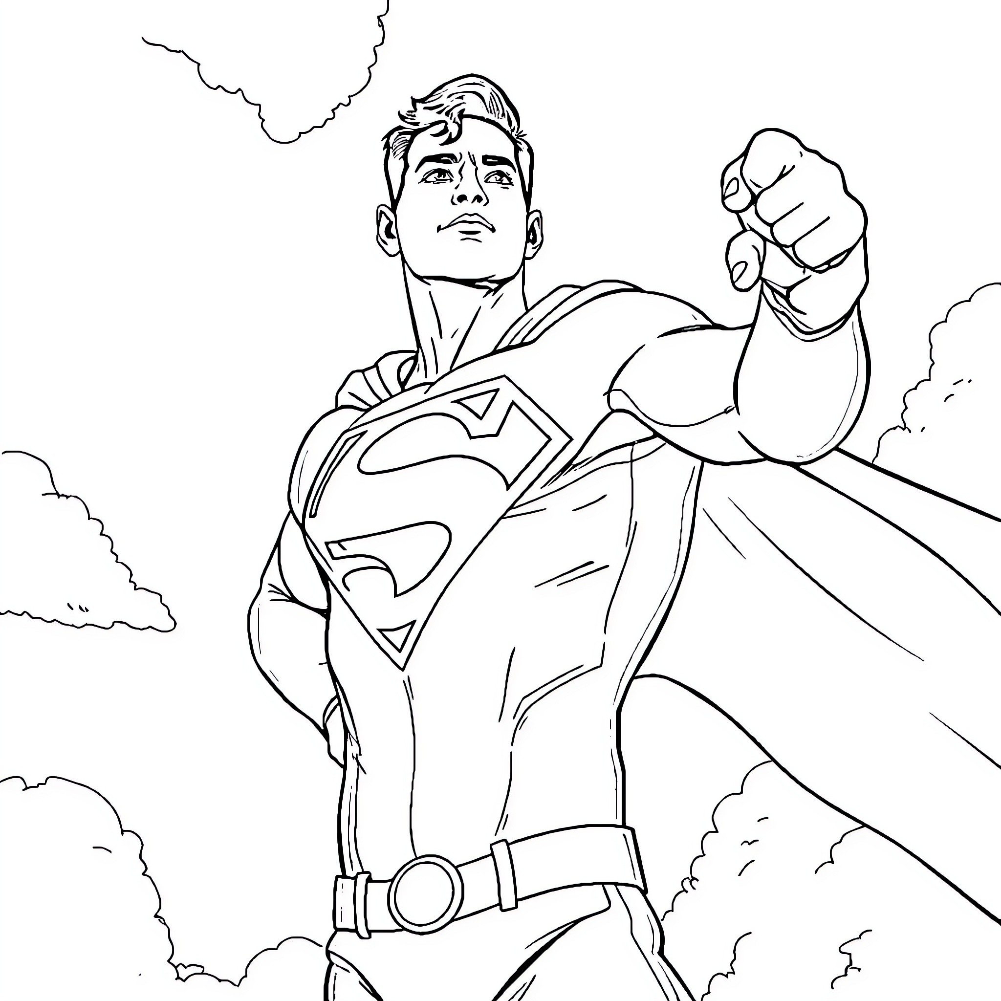 Will Smith as Superman in heroic action pose Coloring Page (free black-and-white line drawing printable PDF for all, from beginners to advanced learners, including children, teens, adults, and seniors)