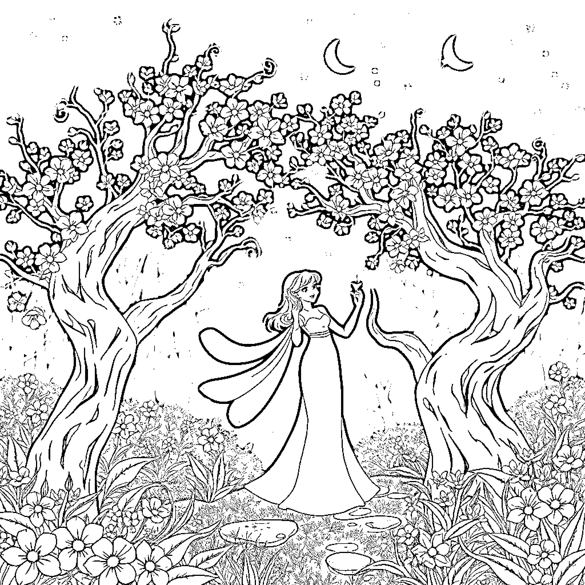 Snow White in a Whimsical Forest Scene Coloring Page (free black-and-white line drawing printable PDF for all, from beginners to advanced learners, including children, teens, adults, and seniors)
