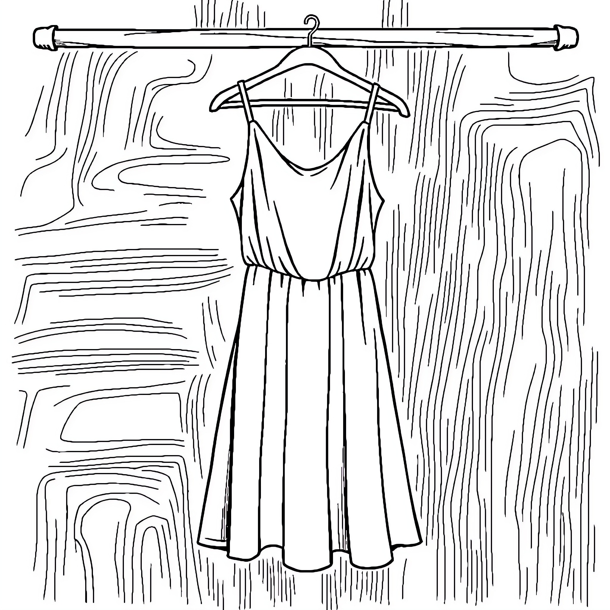 Stiche of a Hanging Dress in a Wooden Closet Coloring Page (free black-and-white line drawing printable PDF for all, from beginners to advanced learners, including children, teens, adults, and seniors)