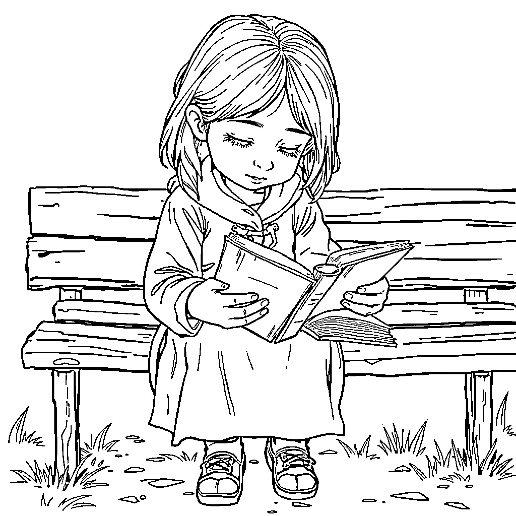 Girl reading a book on a bench Coloring Page (free black-and-white line drawing printable PDF for all, from beginners to advanced learners, including children, teens, adults, and seniors)