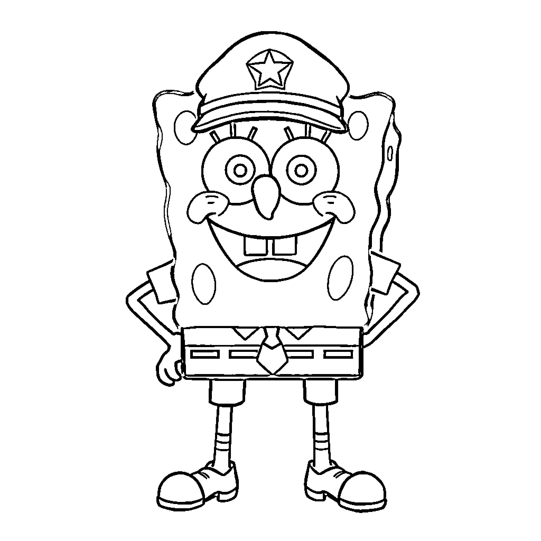 Spongebob as a Police Officer in Uniform Coloring Page (free black-and-white line drawing printable PDF for all, from beginners to advanced learners, including children, teens, adults, and seniors)