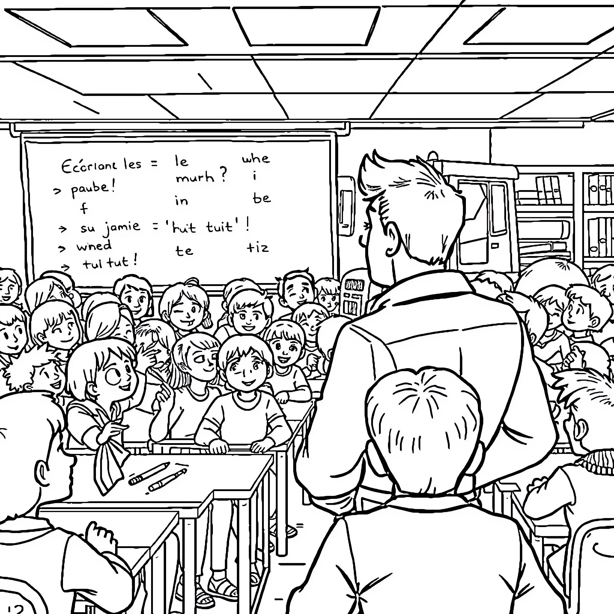 Homme teaching in a crowded classroom Coloring Page (free black-and-white line drawing printable PDF for all, from beginners to advanced learners, including children, teens, adults, and seniors)