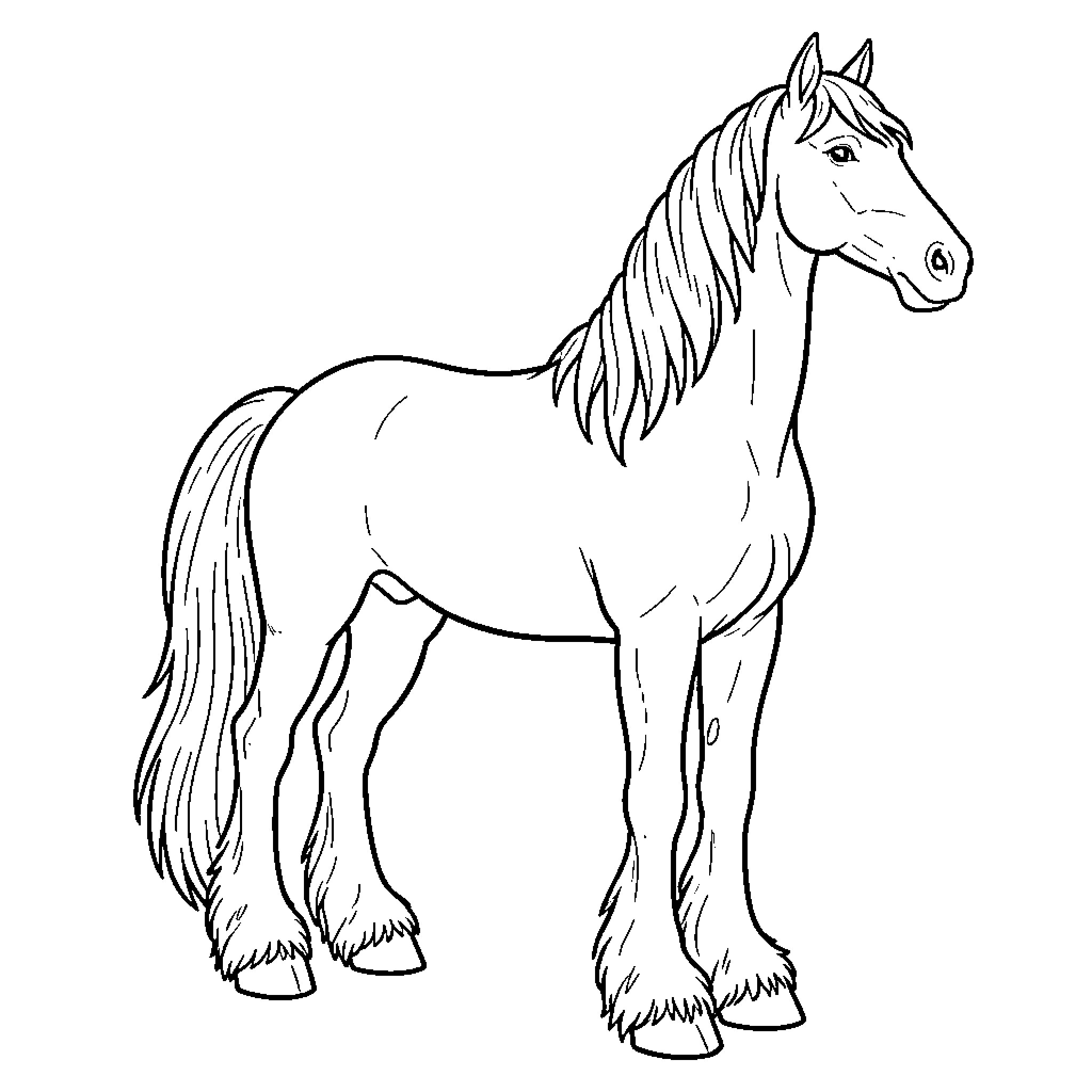 Friesian Horse standing gracefully in a profile view Coloring Page (free black-and-white line drawing printable PDF for all, from beginners to advanced learners, including children, teens, adults, and seniors)