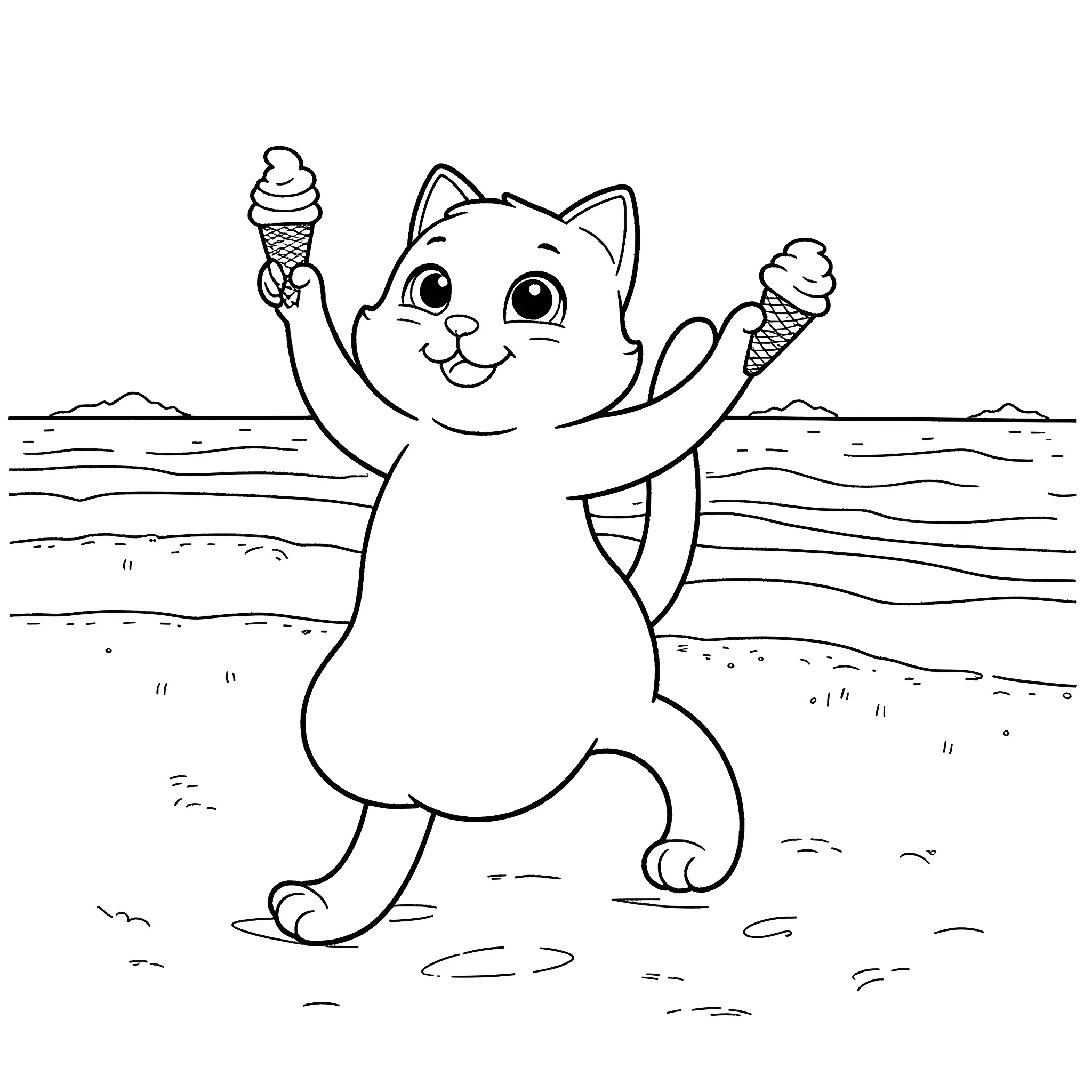 Cat enjoying ice cream on the beach Coloring Page (free black-and-white line drawing printable PDF for all, from beginners to advanced learners, including children, teens, adults, and seniors)