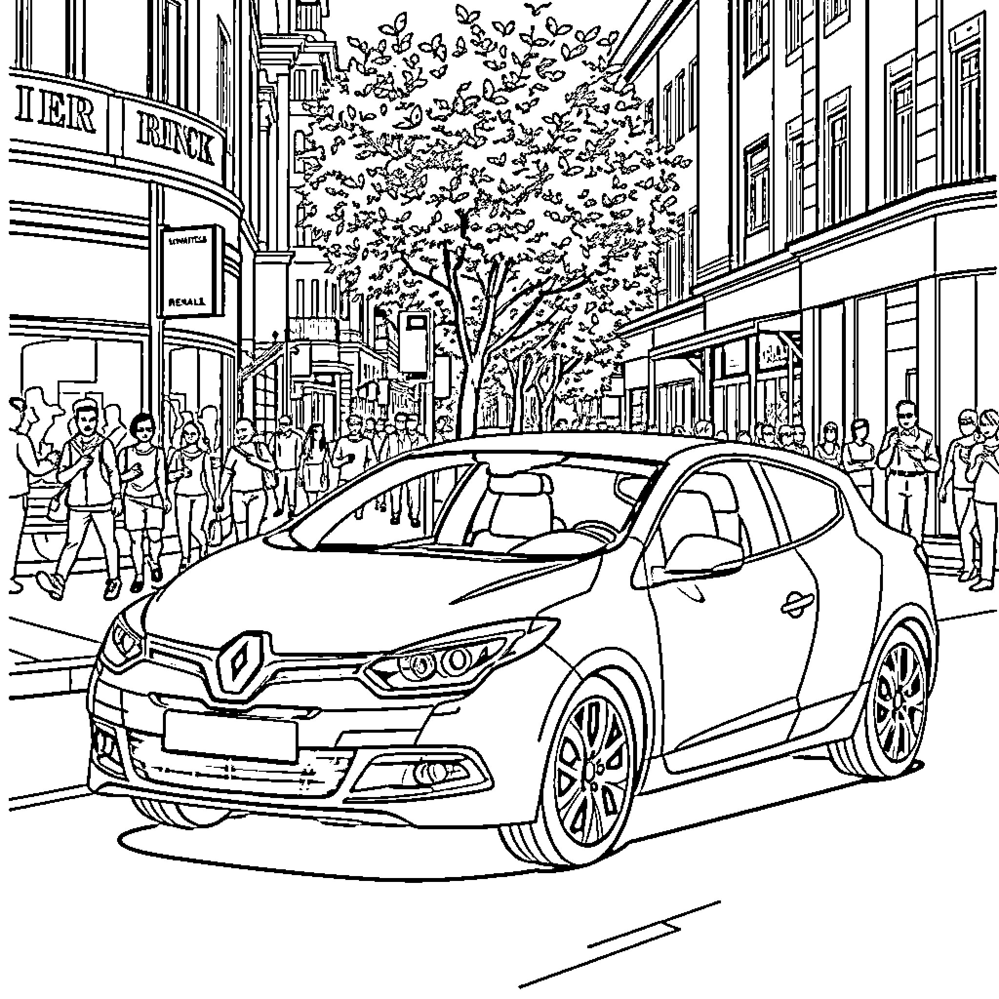 Renault car on a busy city street with people Coloring Page (free black-and-white line drawing printable PDF for all, from beginners to advanced learners, including children, teens, adults, and seniors)