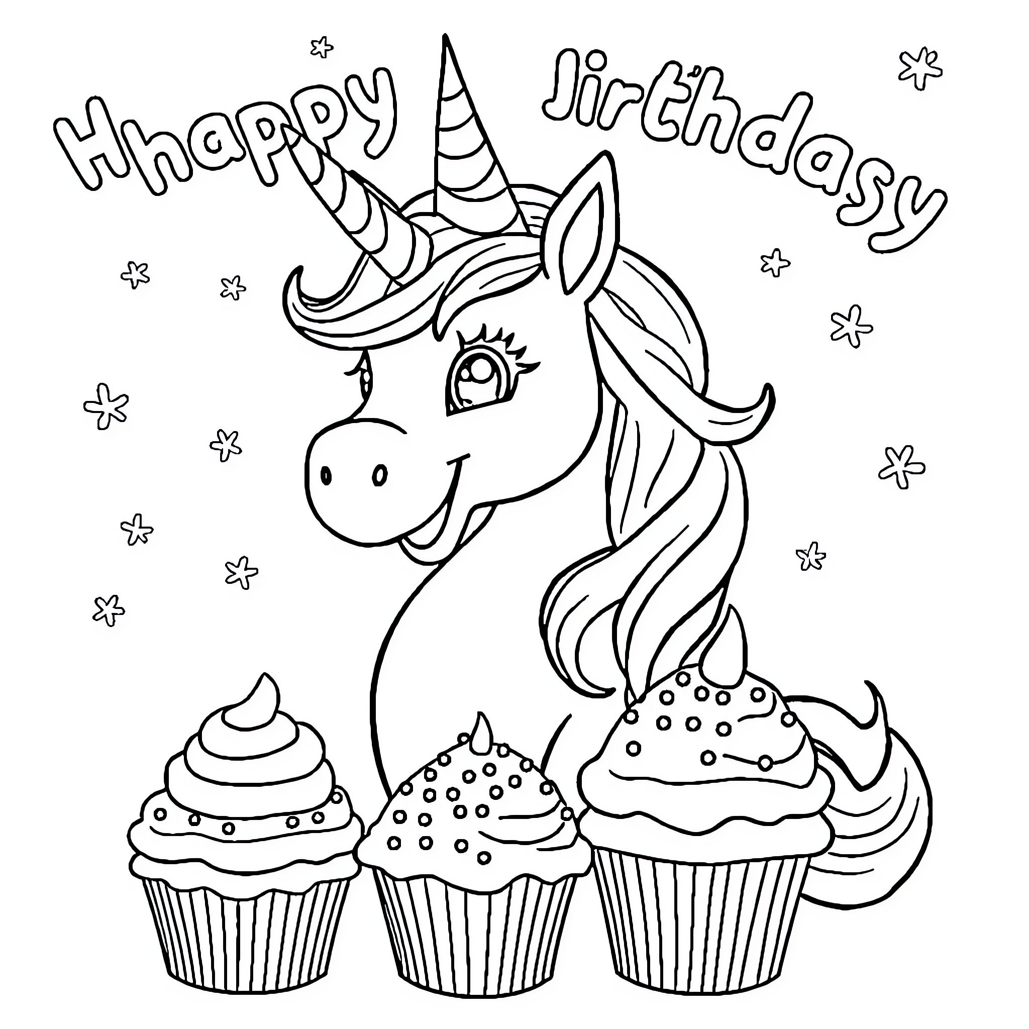 Unicorn celebrating its birthday with cupcakes Coloring Page (free black-and-white line drawing printable PDF for all, from beginners to advanced learners, including children, teens, adults, and seniors)
