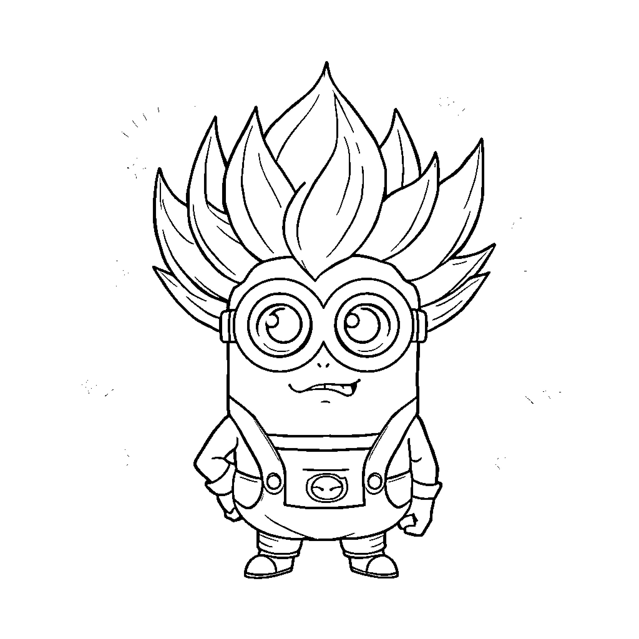 Minion with spiky hair and goggles striking a pose Coloring Page (free black-and-white line drawing printable PDF for all, from beginners to advanced learners, including children, teens, adults, and seniors)