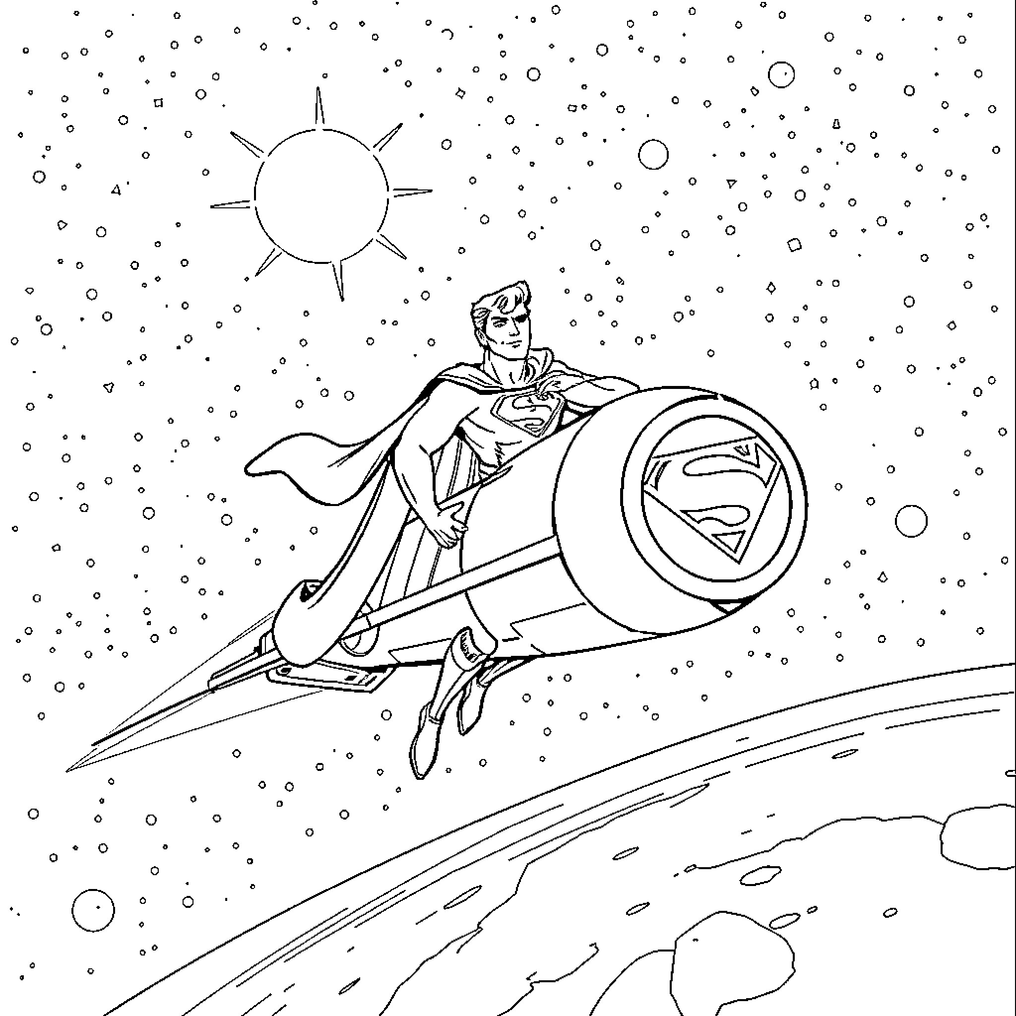 Superman soaring through the cosmic landscape Coloring Page (free black-and-white line drawing printable PDF for all, from beginners to advanced learners, including children, teens, adults, and seniors)