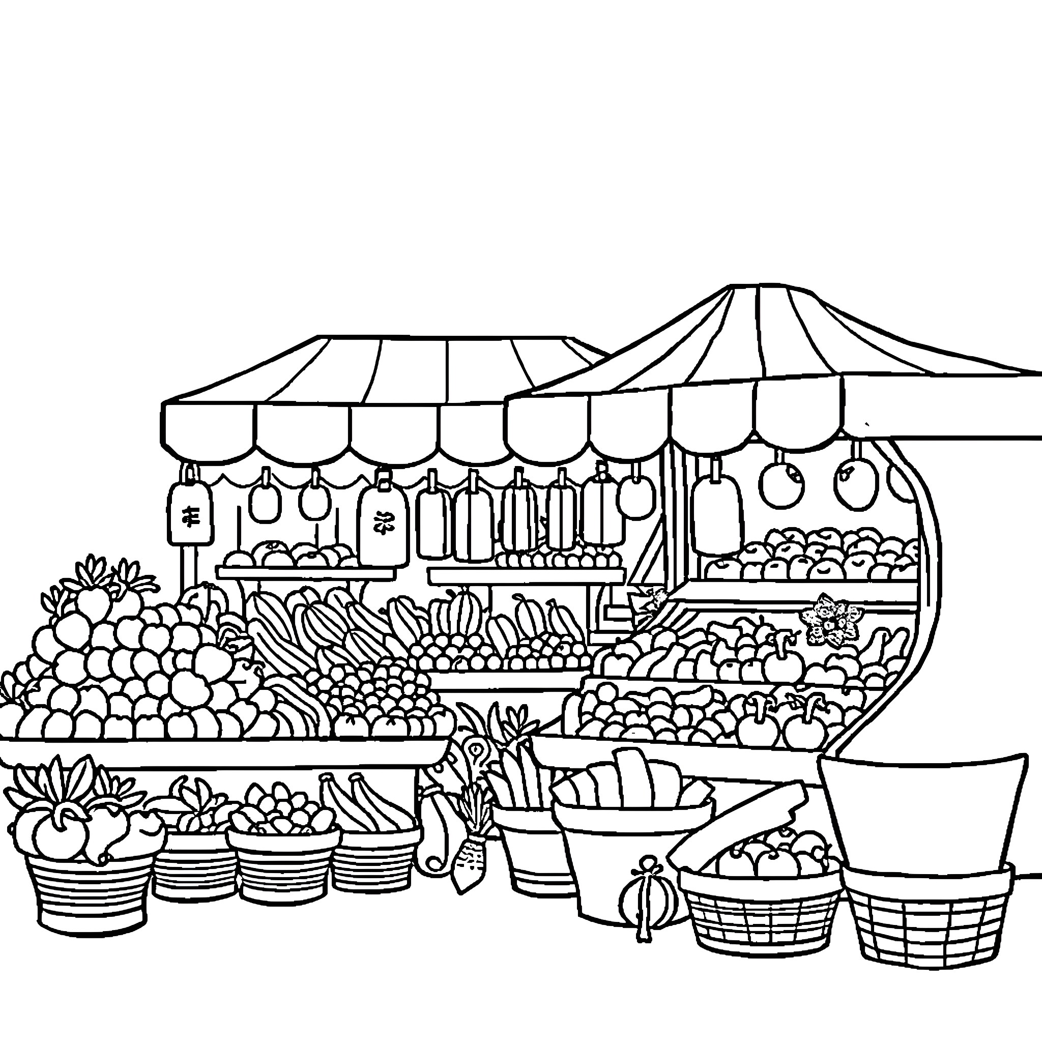 Market with Variety of Produce and Stalls Coloring Page (free black-and-white line drawing printable PDF for all, from beginners to advanced learners, including children, teens, adults, and seniors)