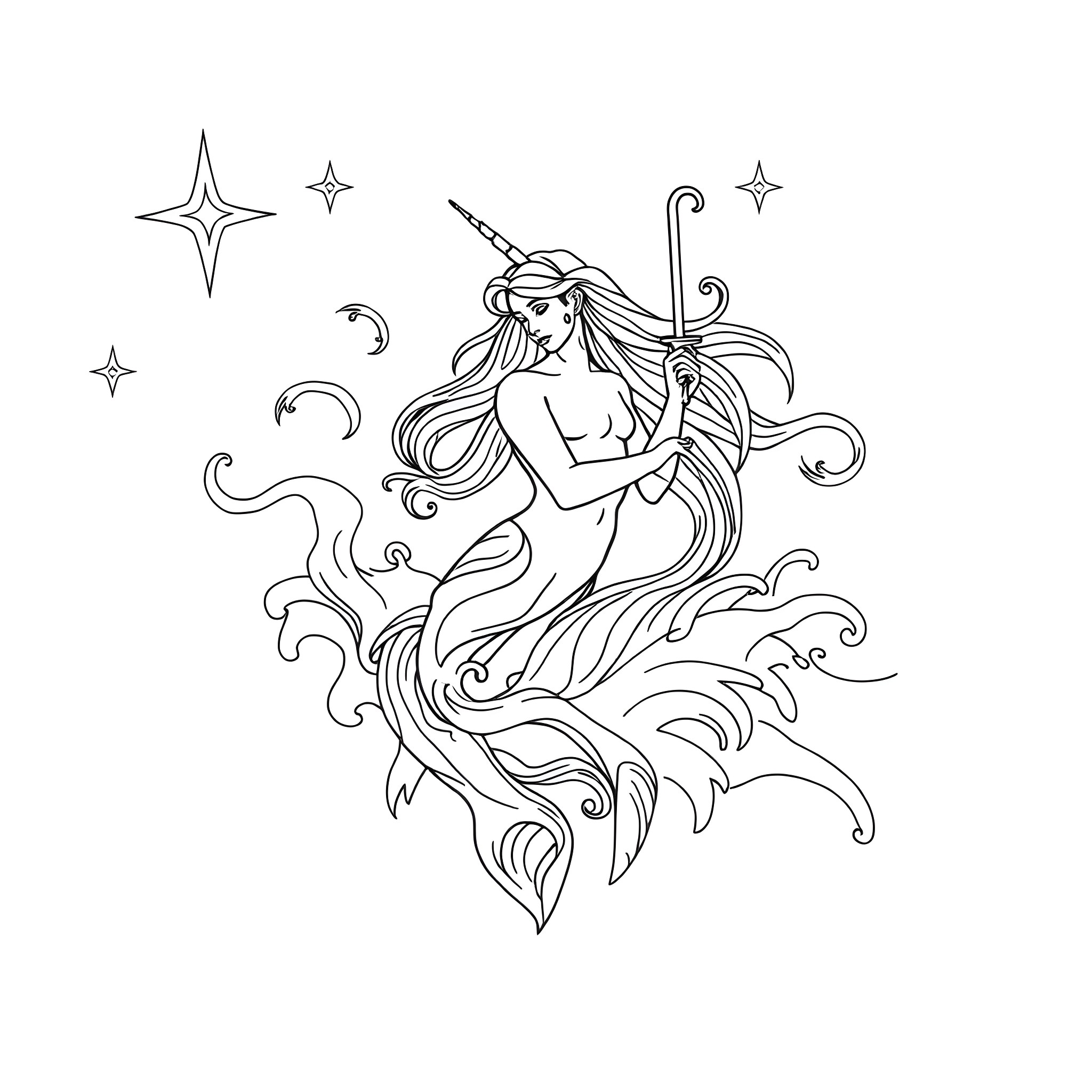 Aquarius: Celestial Mermaid in Cosmic Splendor Coloring Page (free black-and-white line drawing printable PDF for all, from beginners to advanced learners, including children, teens, adults, and seniors)