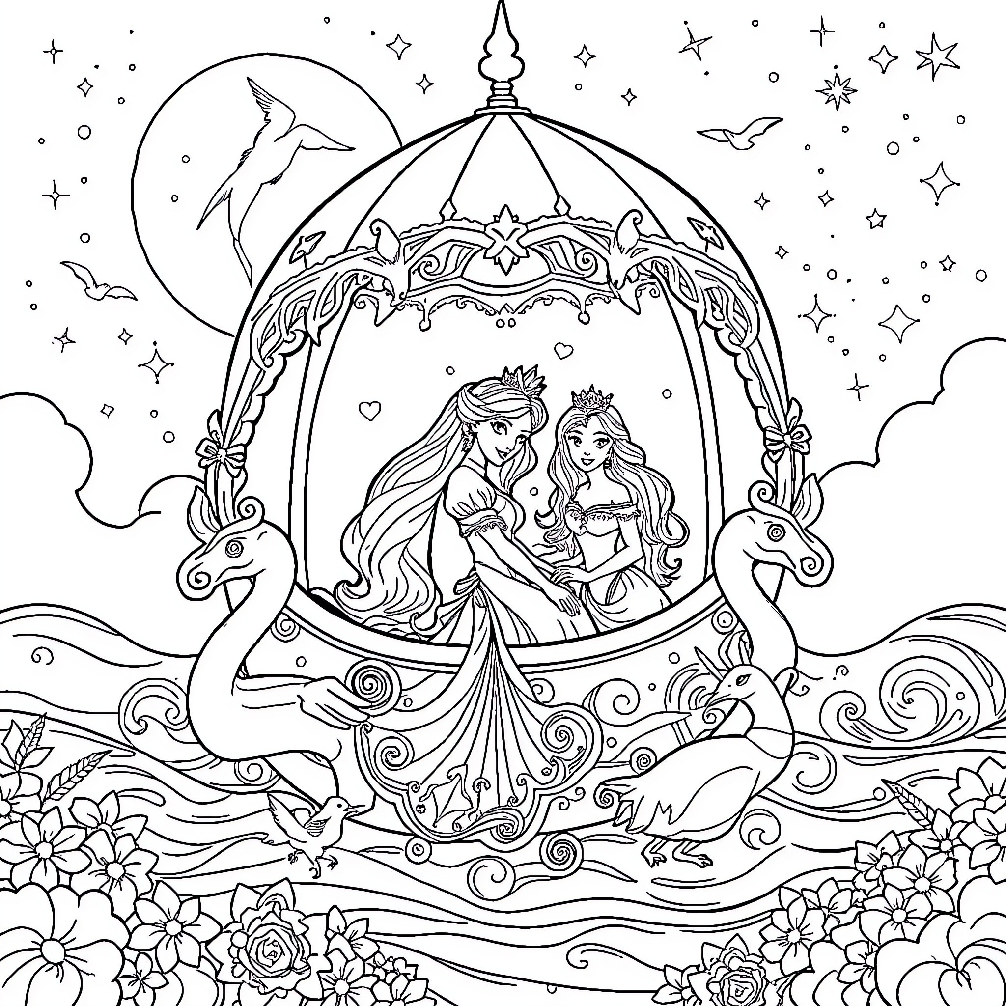 Carriage of Majestic Mermaids Beneath the Starry Sky Coloring Page (free black-and-white line drawing printable PDF for all, from beginners to advanced learners, including children, teens, adults, and seniors)