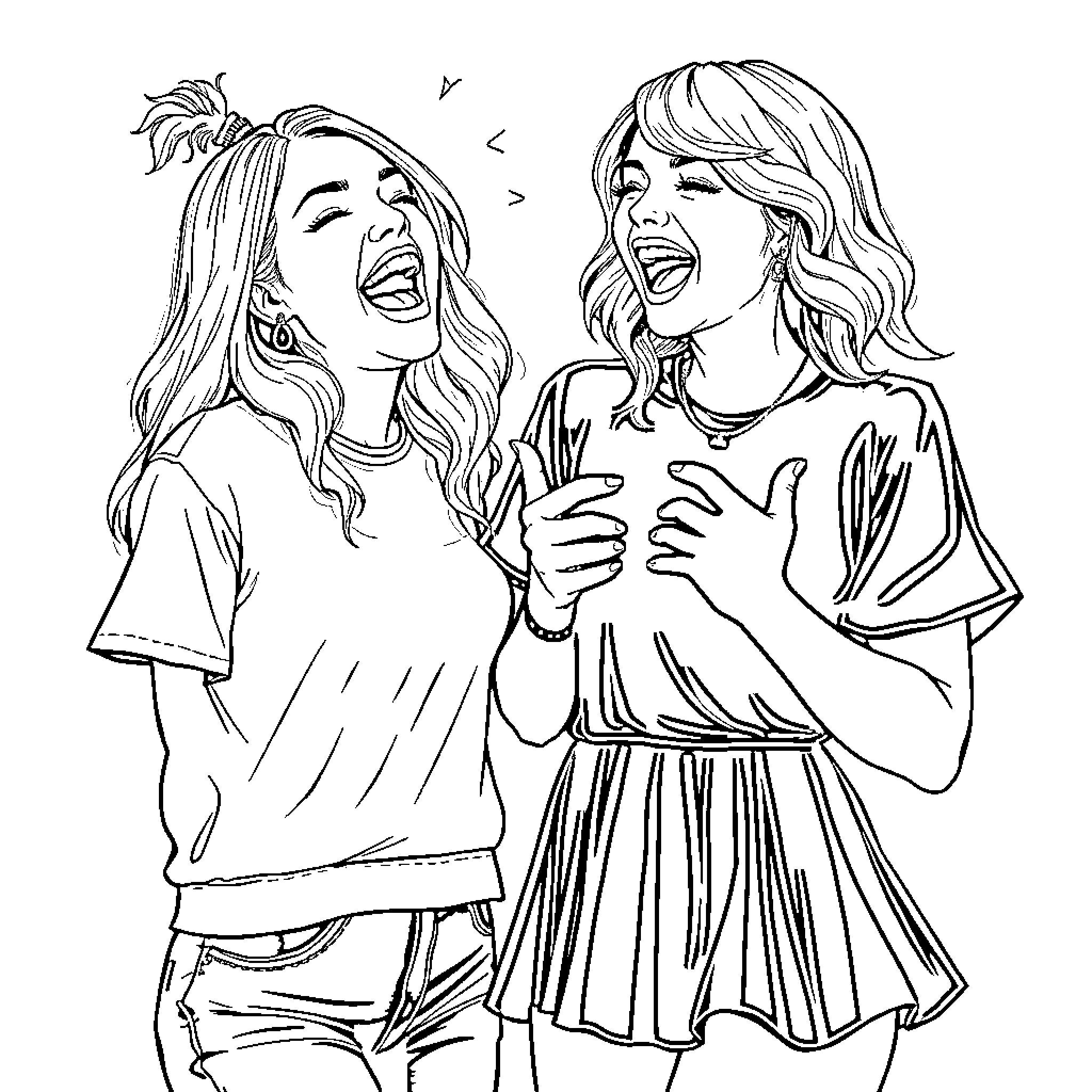 Sabrina Carpenter and friend laughing joyfully Coloring Page (free black-and-white line drawing printable PDF for all, from beginners to advanced learners, including children, teens, adults, and seniors)