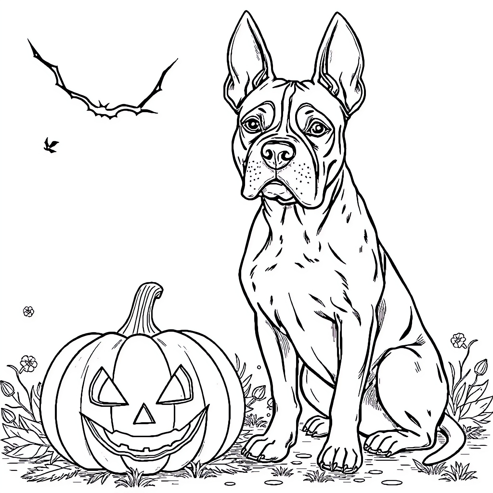 American Staffordshire Terrier sitting near Halloween pumpkin Coloring Page (free black-and-white line drawing printable PDF for all, from beginners to advanced learners, including children, teens, adults, and seniors)