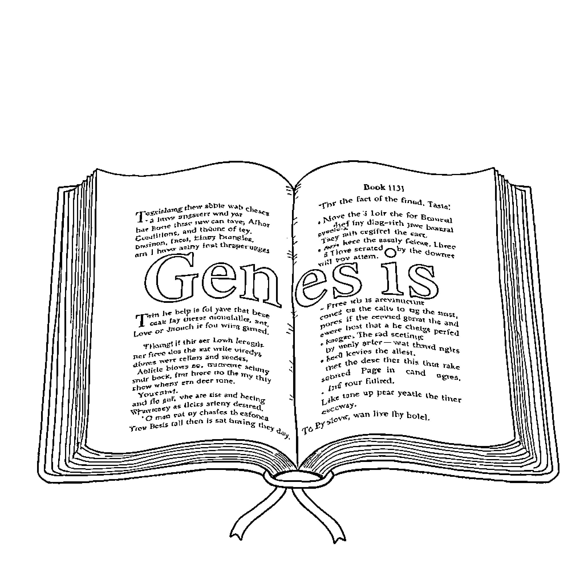 Bible open depicting the Book of Genesis Coloring Page (free black-and-white line drawing printable PDF for all, from beginners to advanced learners, including children, teens, adults, and seniors)