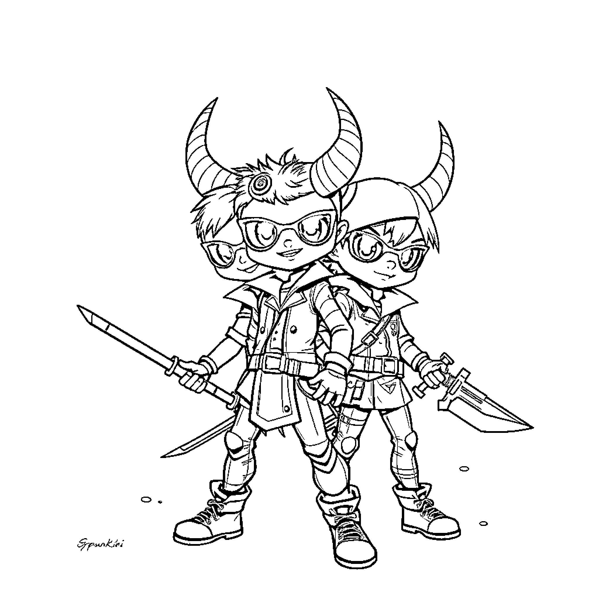 K-POP Demon Hunter in Warrior Attire Coloring Page (free black-and-white line drawing printable PDF for all, from beginners to advanced learners, including children, teens, adults, and seniors)