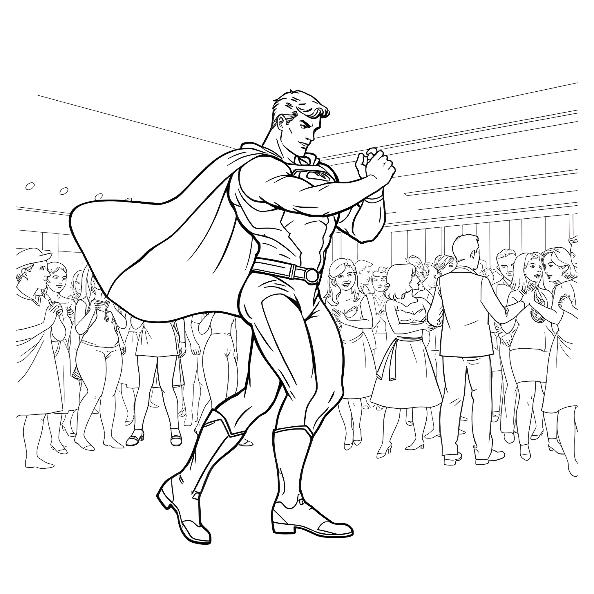 Superman saving the day in a crowd Coloring Page (free black-and-white line drawing printable PDF for all, from beginners to advanced learners, including children, teens, adults, and seniors)