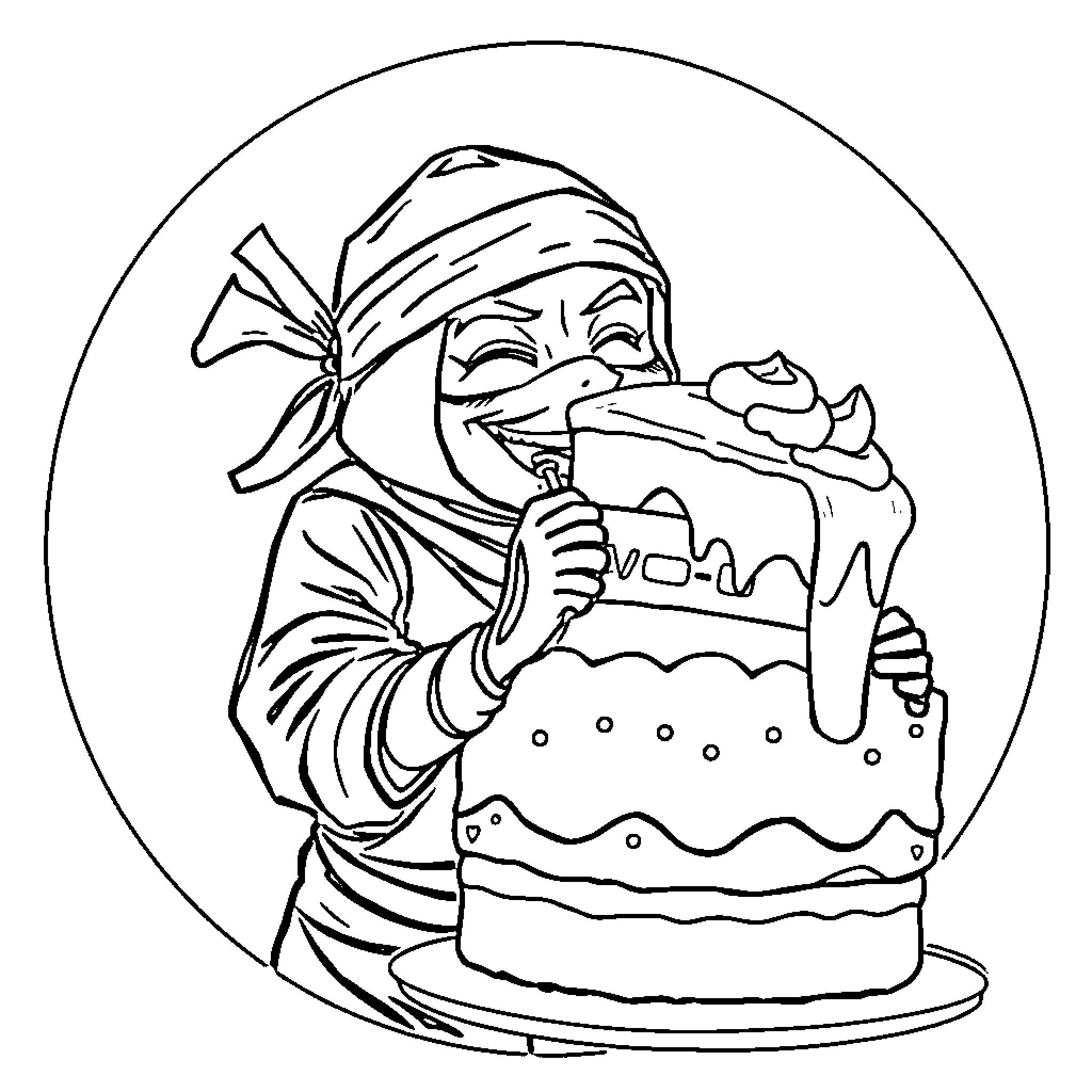 Ninja celebrating with a cake Coloring Page (free black-and-white line drawing printable PDF for all, from beginners to advanced learners, including children, teens, adults, and seniors)