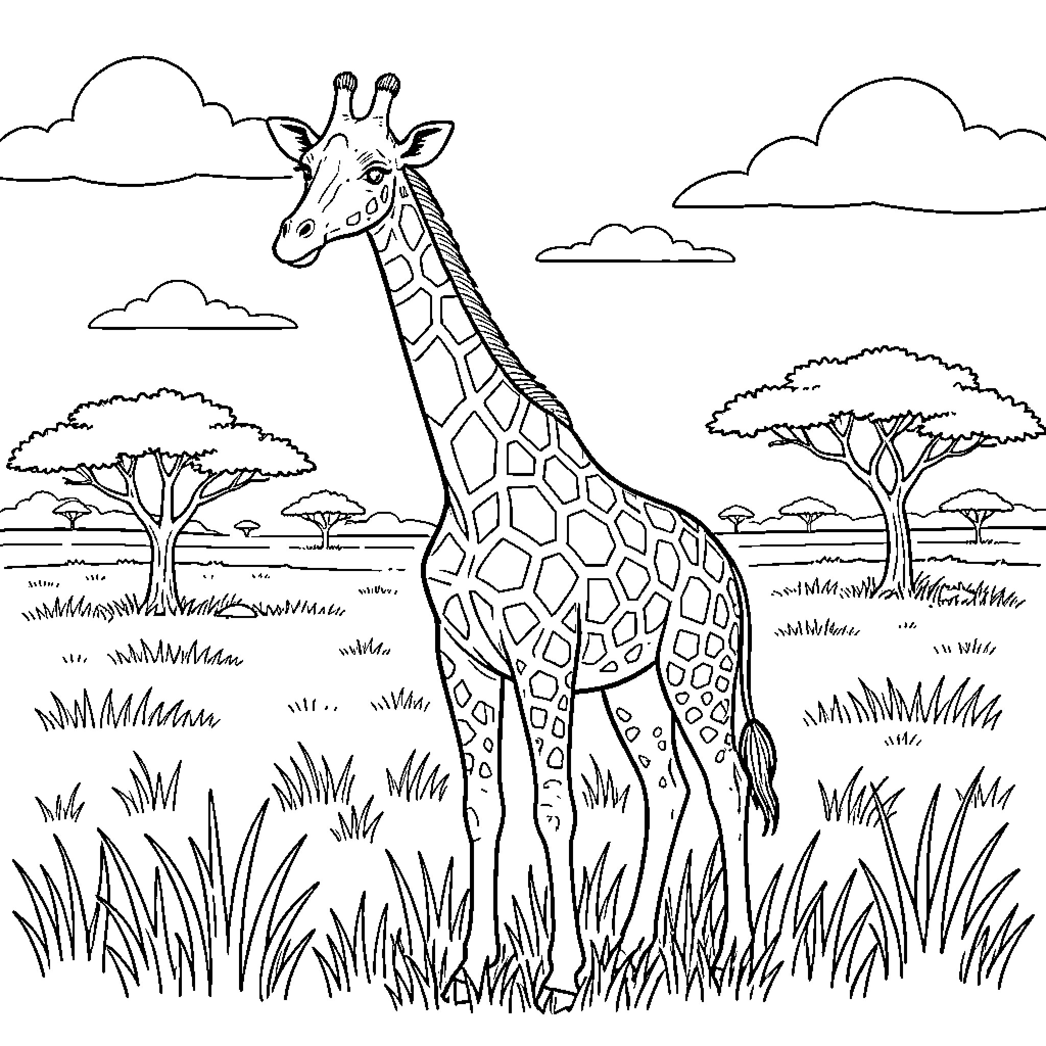 Giraffe standing calmly in a grassy savanna landscape Coloring Page (free black-and-white line drawing printable PDF for all, from beginners to advanced learners, including children, teens, adults, and seniors)