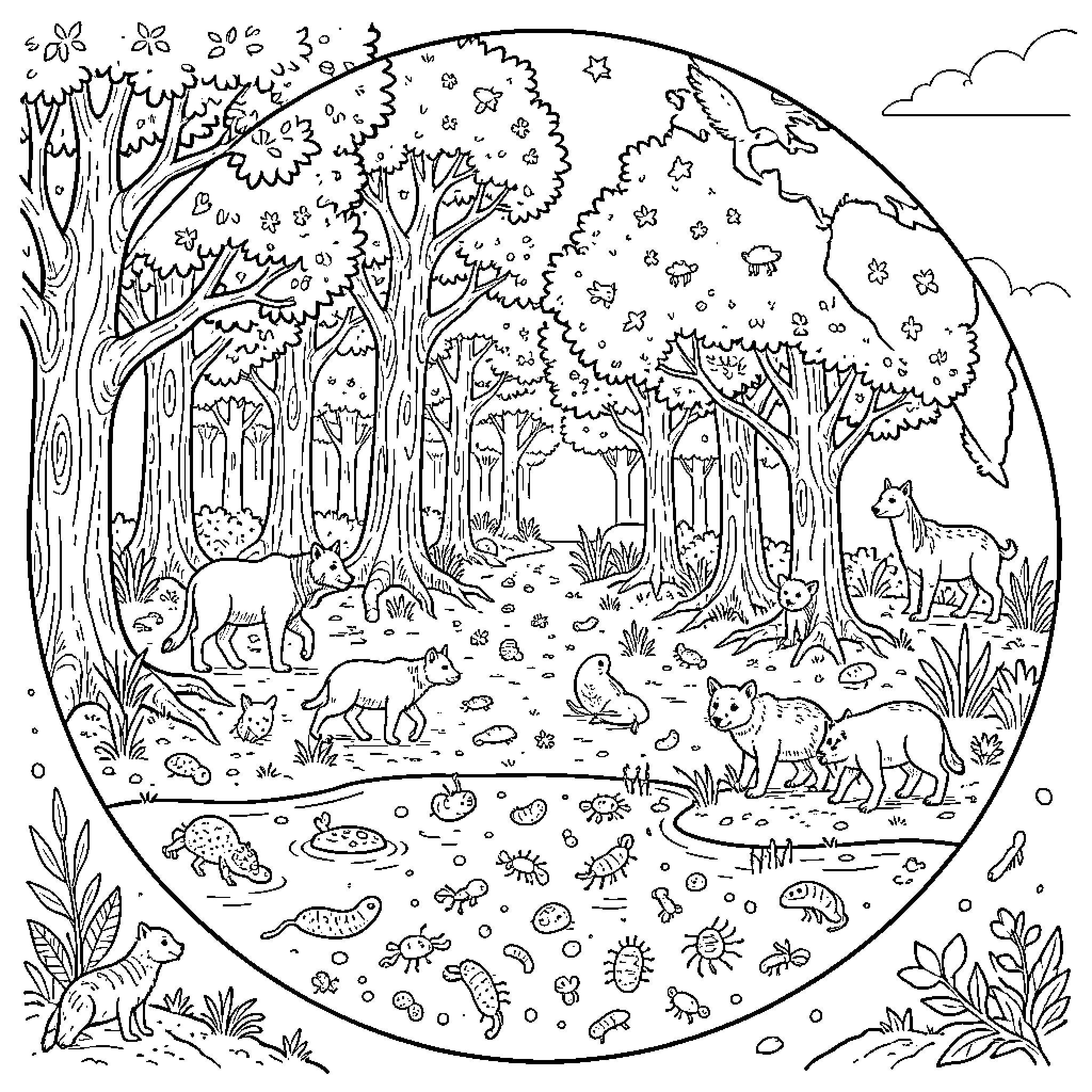 Ecosystem of a Forested Habitat with Various Wildlife Coloring Page (free black-and-white line drawing printable PDF for all, from beginners to advanced learners, including children, teens, adults, and seniors)