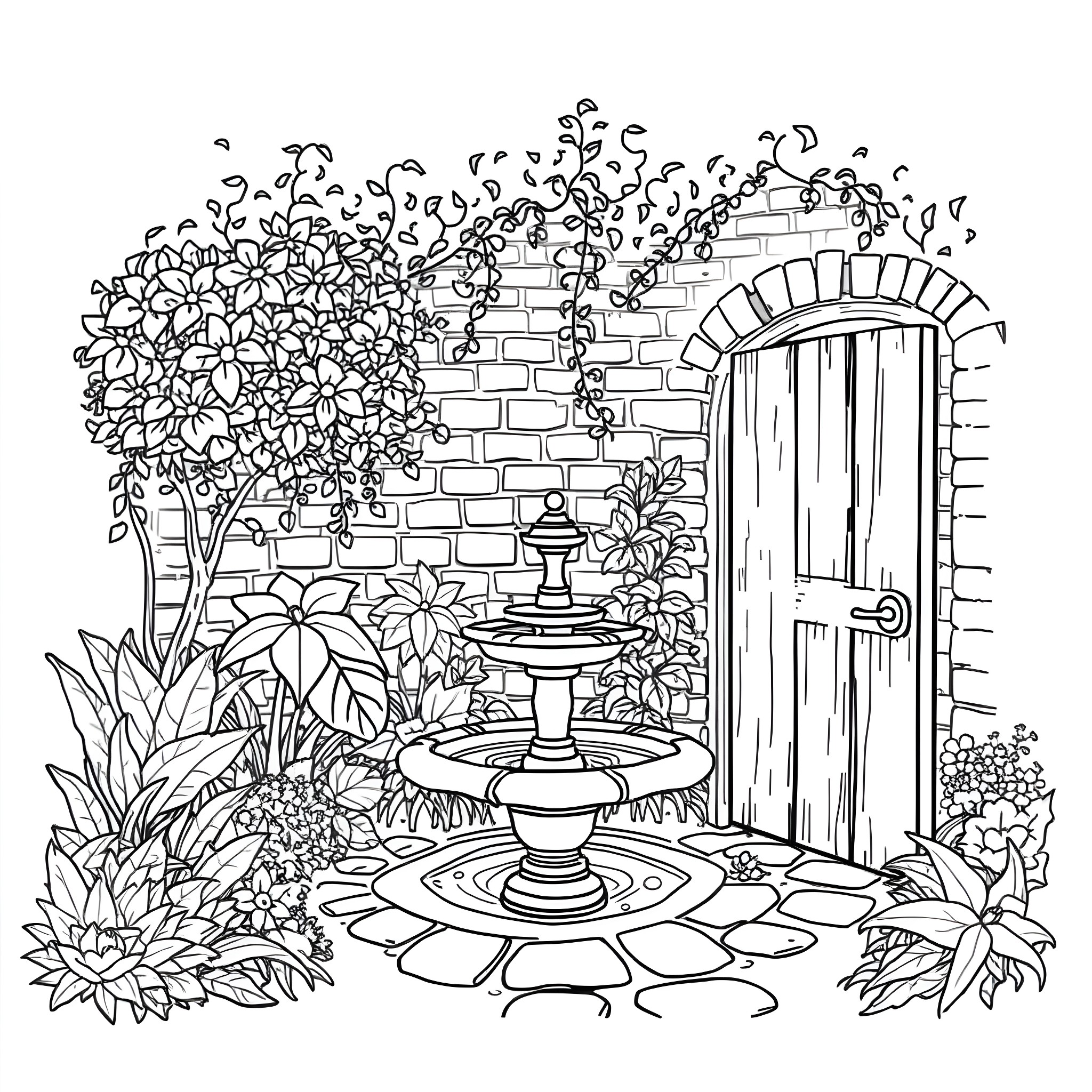Garden of flowers, fountain, and a wooden door Coloring Page (free black-and-white line drawing printable PDF for all, from beginners to advanced learners, including children, teens, adults, and seniors)