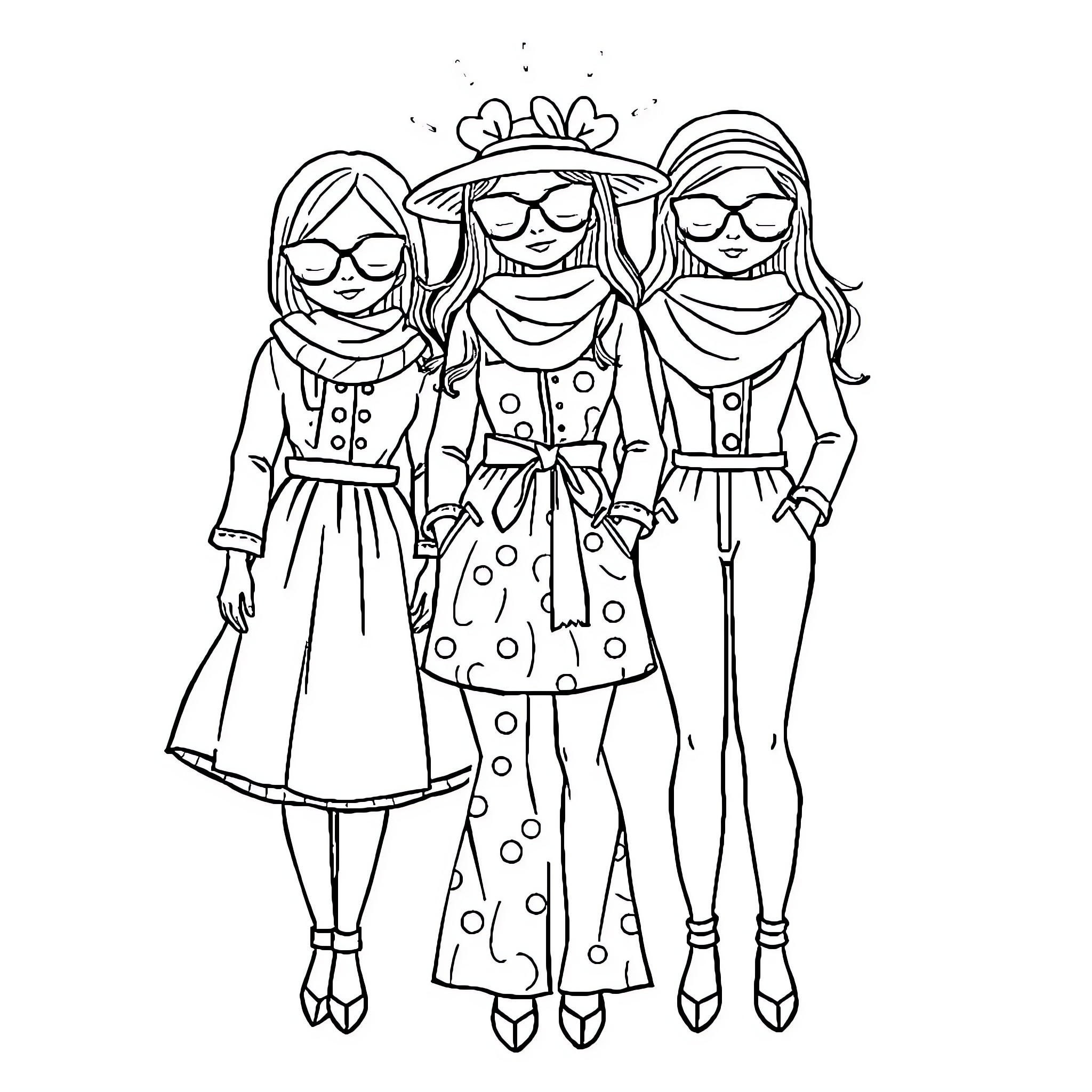 Doll friends enjoying a stylish day out Coloring Page (free black-and-white line drawing printable PDF for all, from beginners to advanced learners, including children, teens, adults, and seniors)