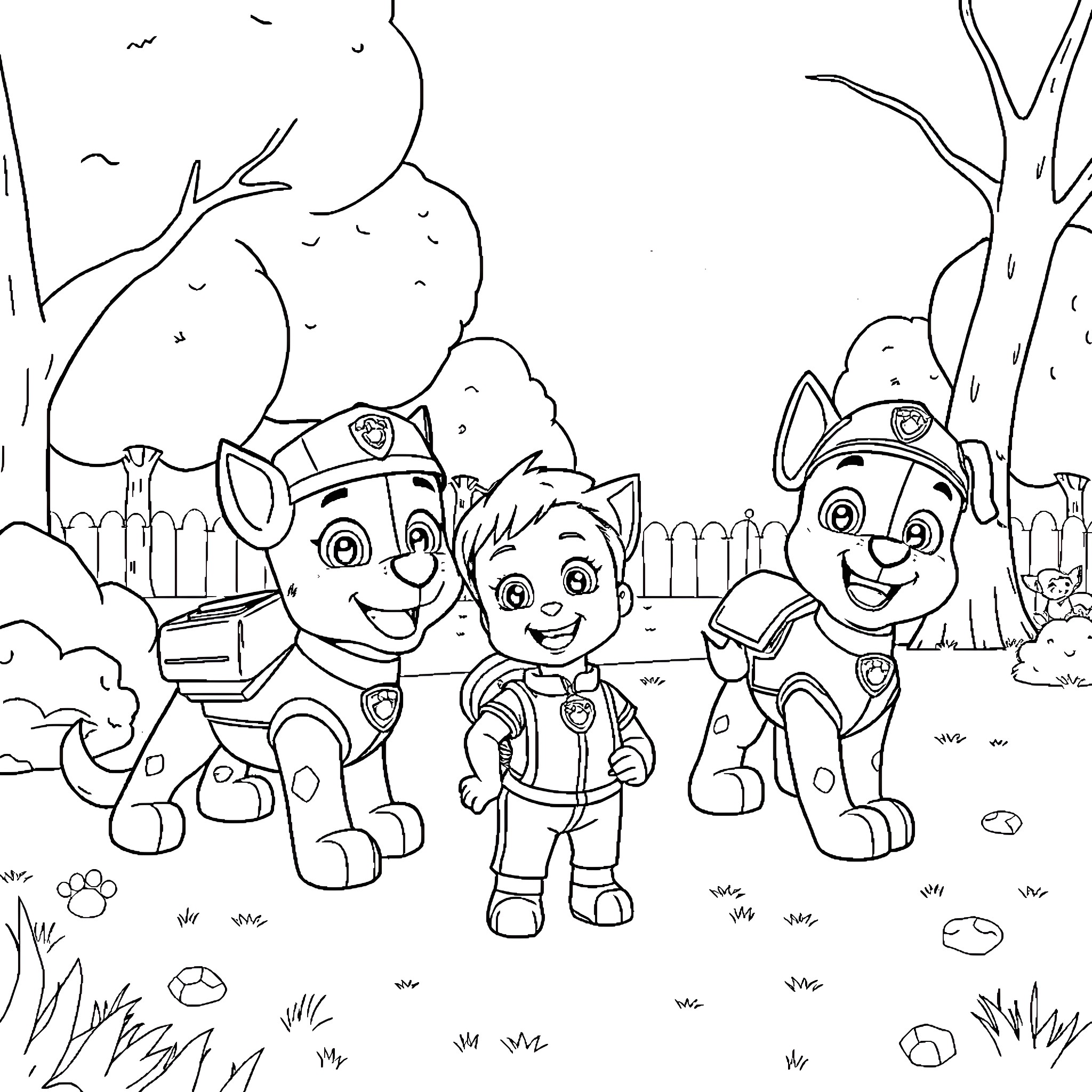 Rider Pups in Outdoor Adventure Coloring Page (free black-and-white line drawing printable PDF for all, from beginners to advanced learners, including children, teens, adults, and seniors)