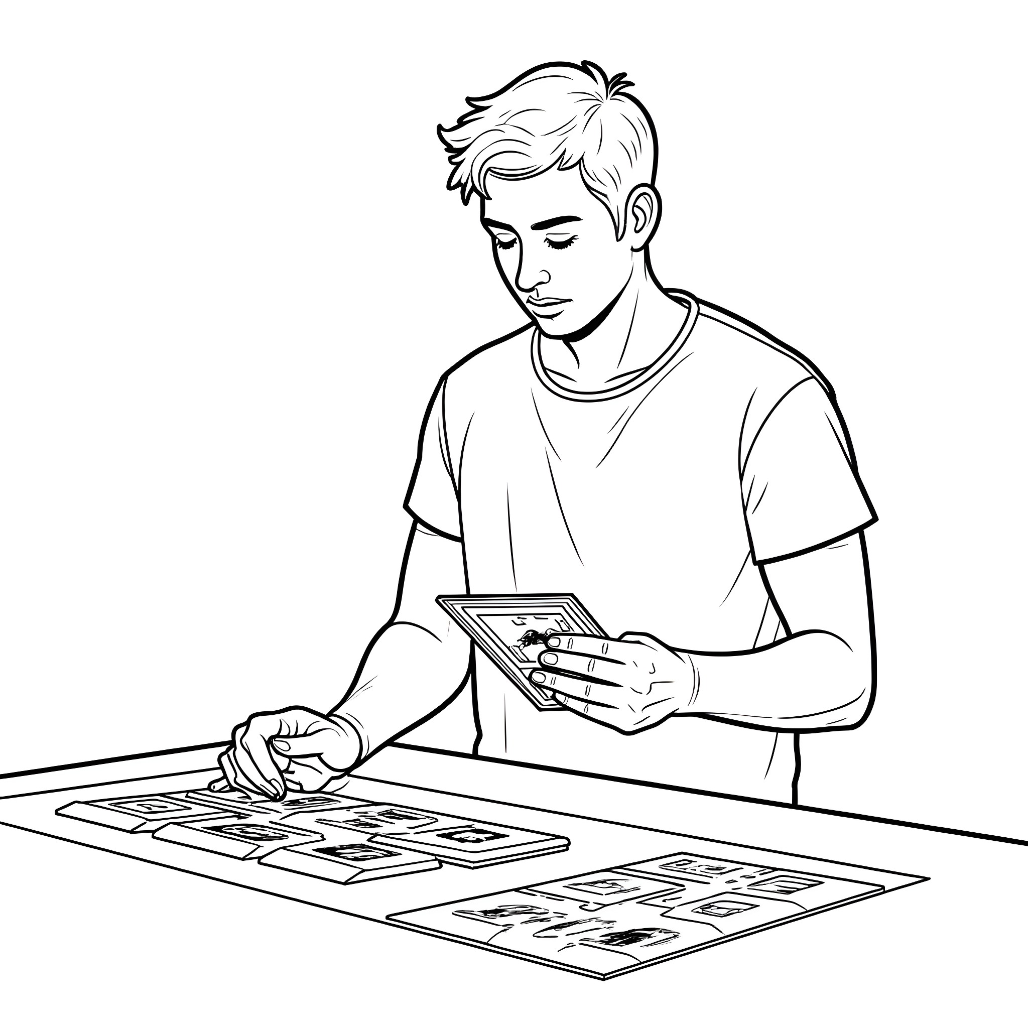 Guy intently playing mobile game on digital tablet Coloring Page (free black-and-white line drawing printable PDF for all, from beginners to advanced learners, including children, teens, adults, and seniors)