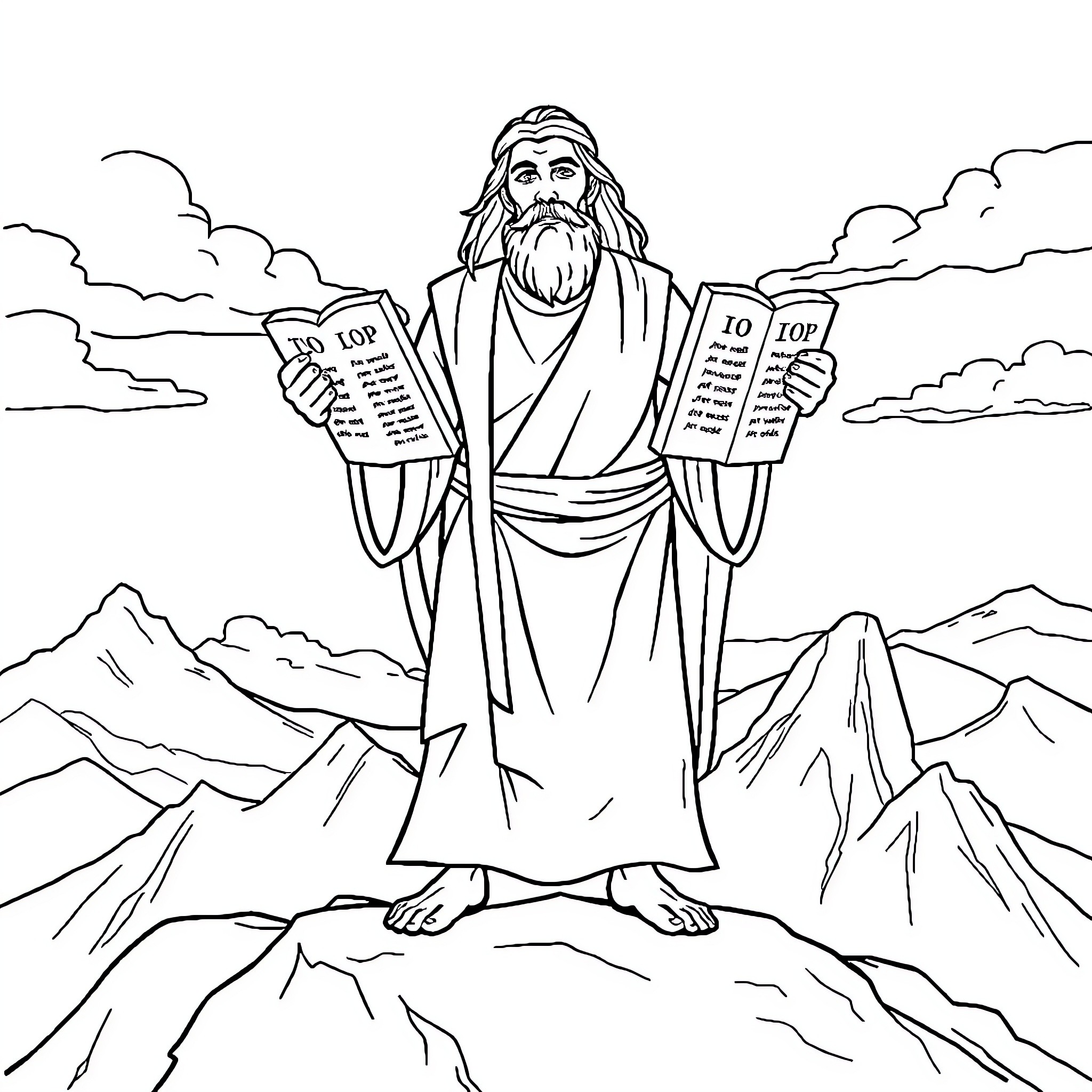 Moses Presenting the Ten Commandments on the Mountain Coloring Page (free black-and-white line drawing printable PDF for all, from beginners to advanced learners, including children, teens, adults, and seniors)