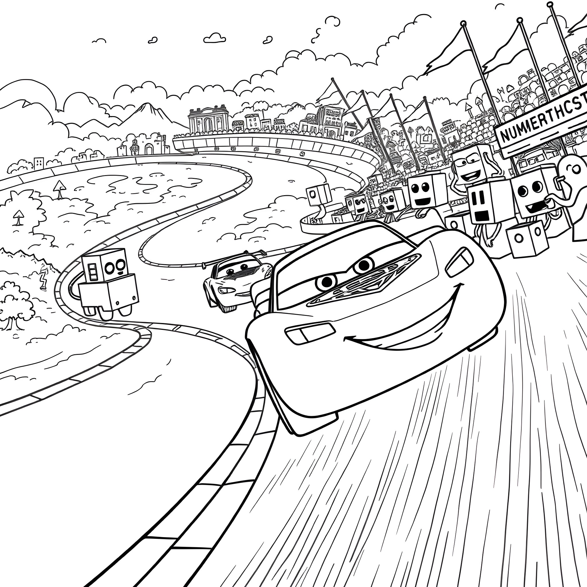Lightning McQueen racing through the town Coloring Page (free black-and-white line drawing printable PDF for all, from beginners to advanced learners, including children, teens, adults, and seniors)