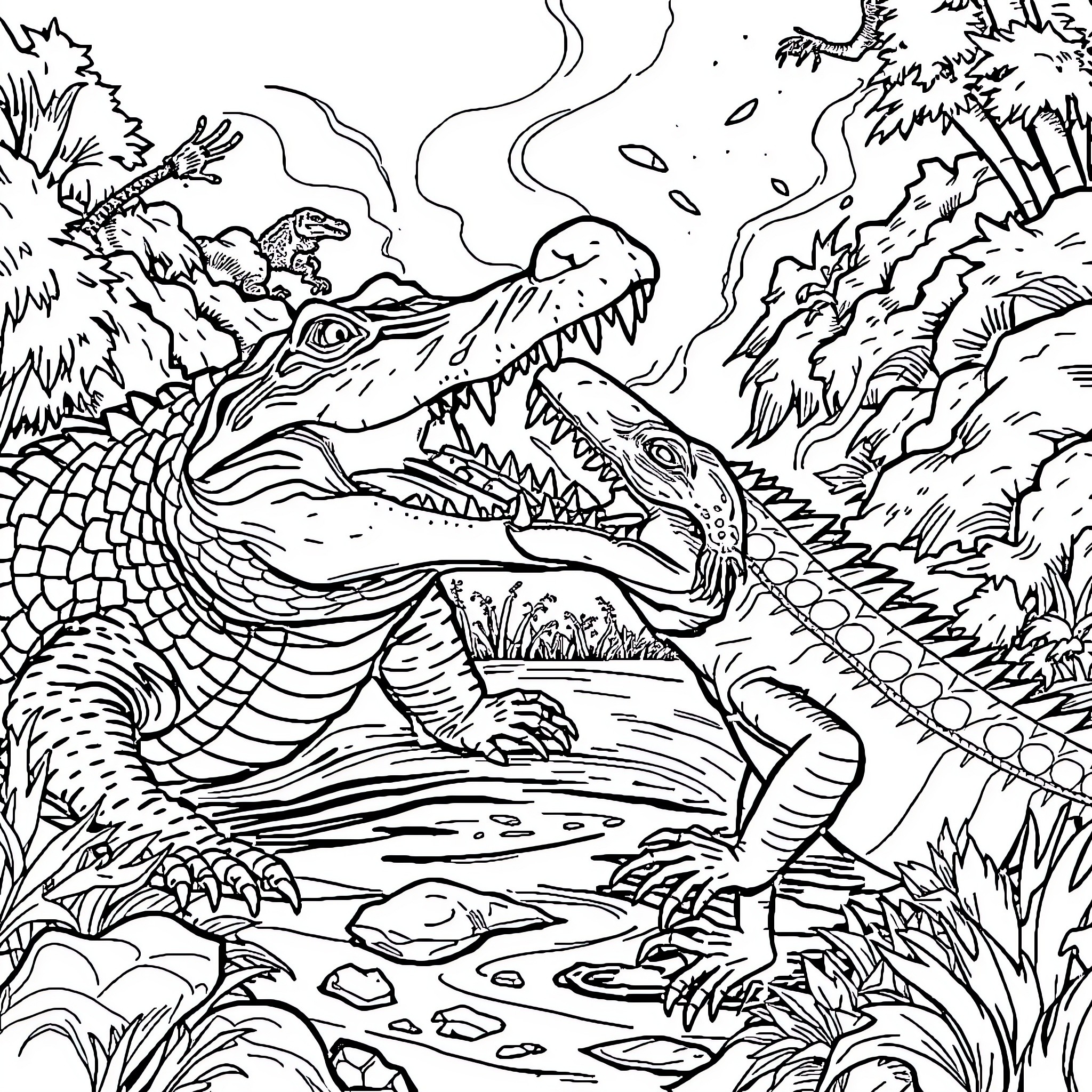 Crocodiles in a Lush Tropical Environment Coloring Page (free black-and-white line drawing printable PDF for all, from beginners to advanced learners, including children, teens, adults, and seniors)