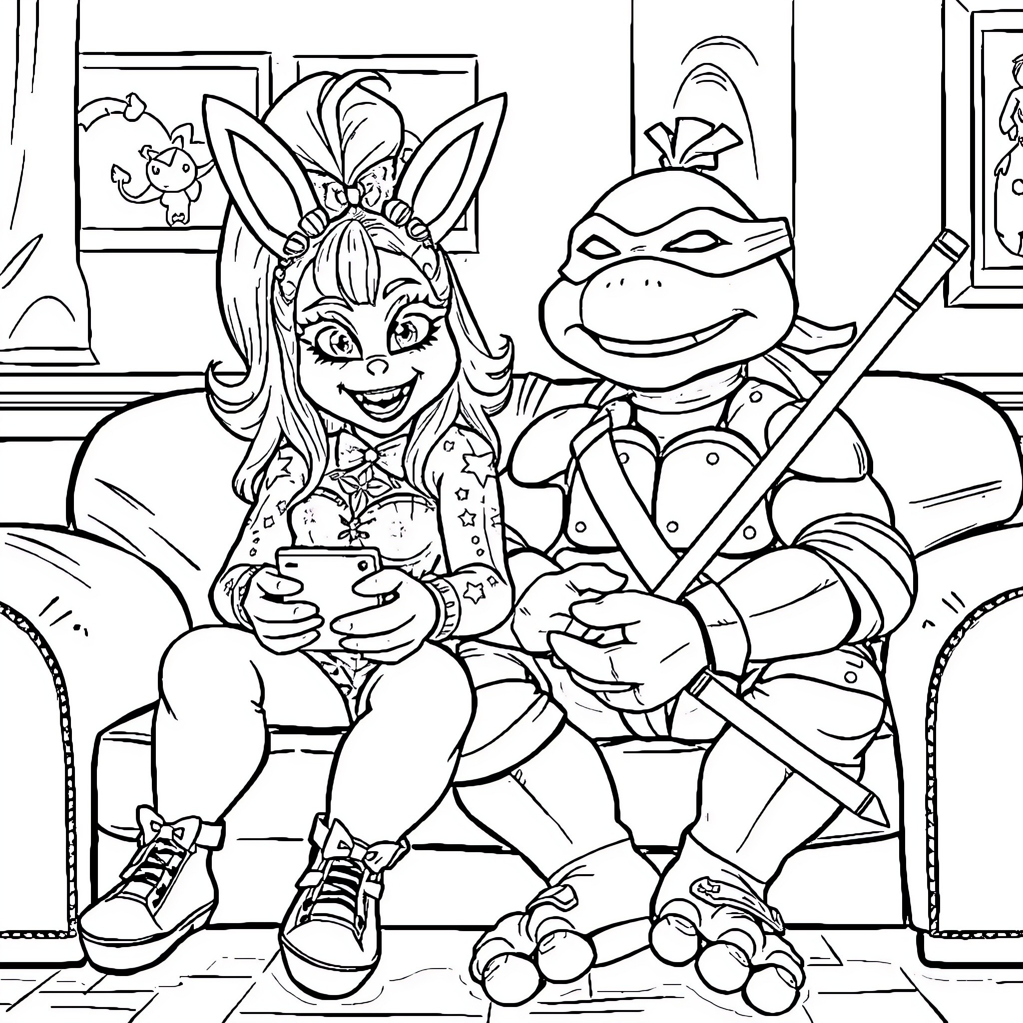Bonnie and Raphael's Playful Adventure Coloring Page (free black-and-white line drawing printable PDF for all, from beginners to advanced learners, including children, teens, adults, and seniors)