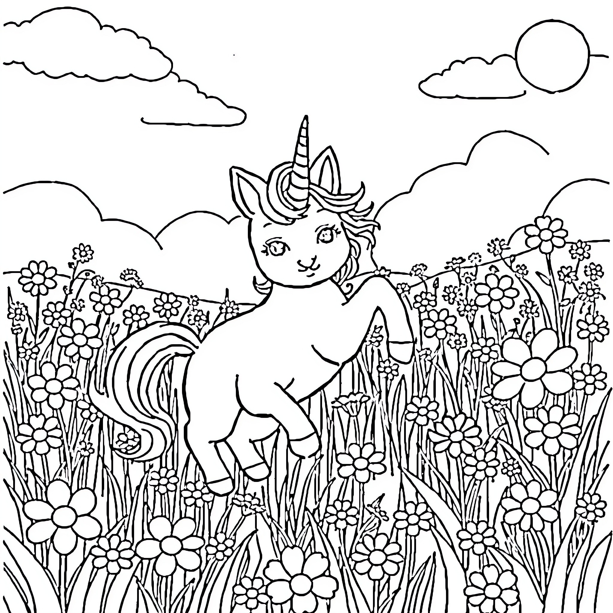 Unicorn Cat in a Flowery Field Coloring Page (free black-and-white line drawing printable PDF for all, from beginners to advanced learners, including children, teens, adults, and seniors)