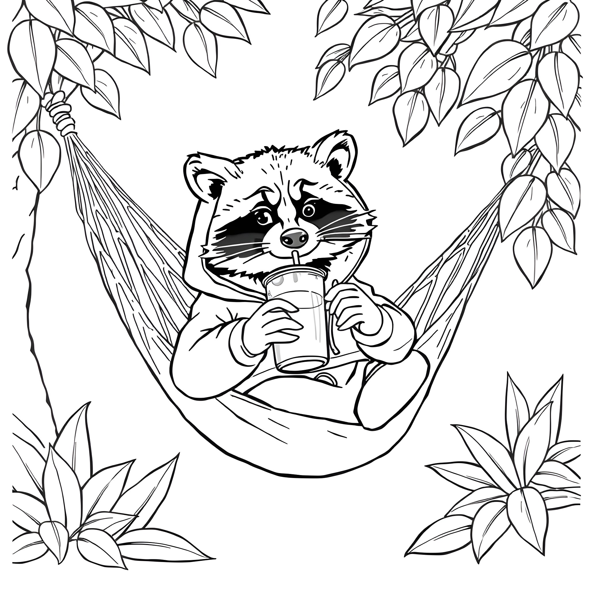 Raccoon relaxing in hammock with cup Coloring Page (free black-and-white line drawing printable PDF for all, from beginners to advanced learners, including children, teens, adults, and seniors)