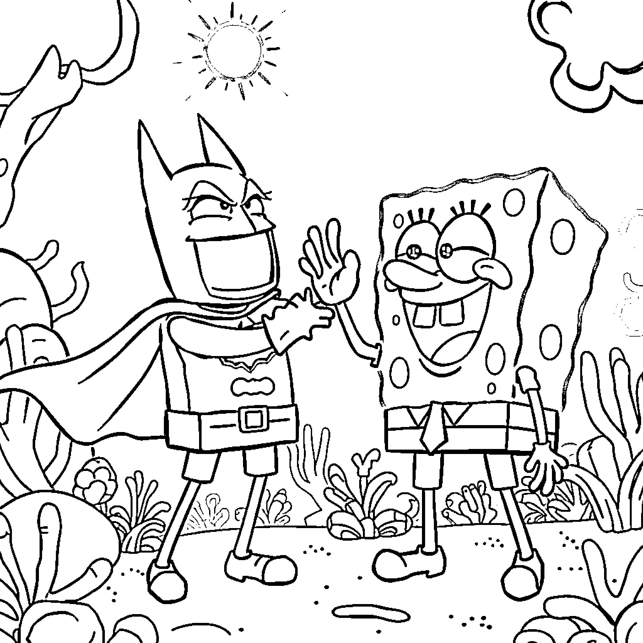 Spongebob and Batman in a Whimsical Underwater Scene Coloring Page (free black-and-white line drawing printable PDF for all, from beginners to advanced learners, including children, teens, adults, and seniors)