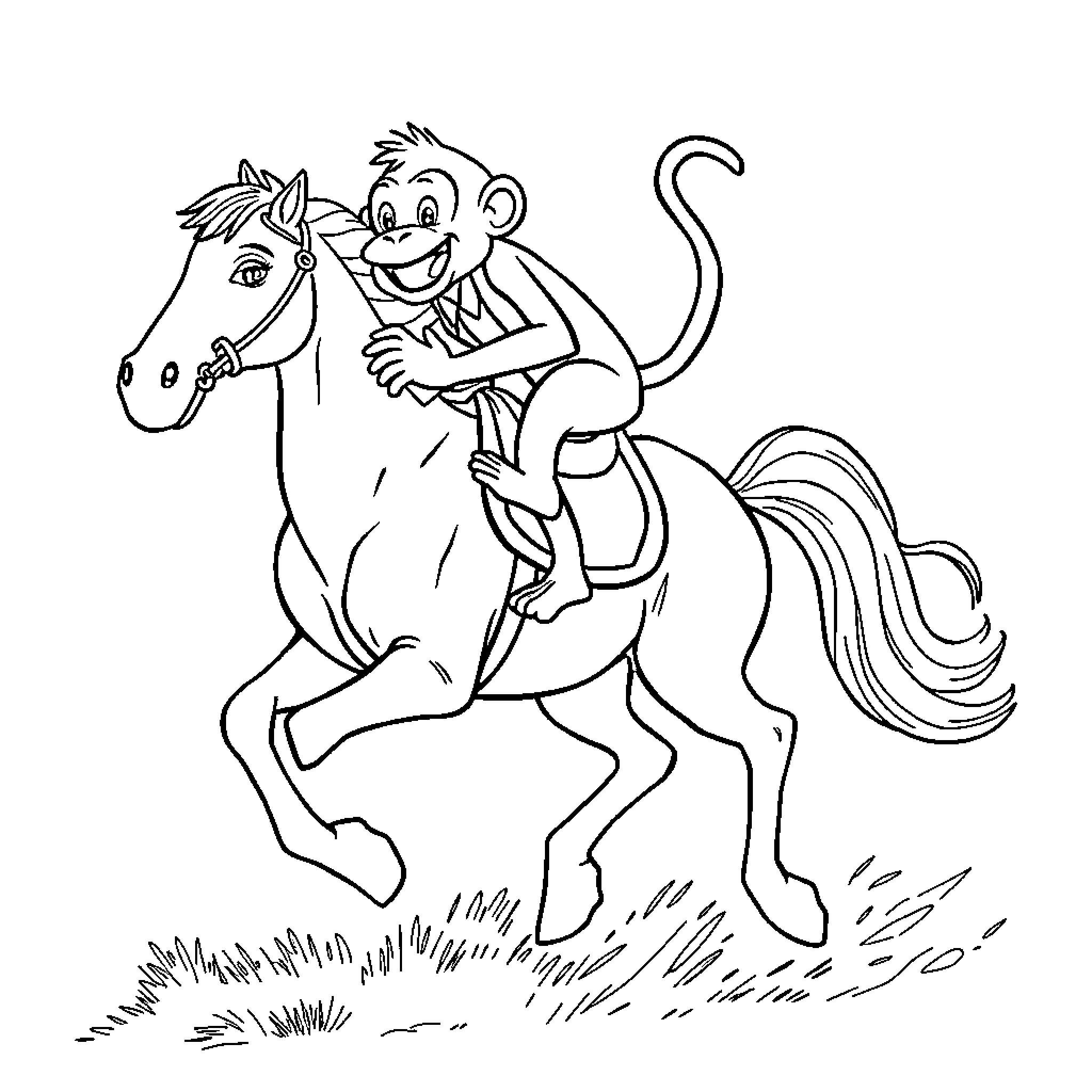 Monkey riding a horse happily in the field Coloring Page (free black-and-white line drawing printable PDF for all, from beginners to advanced learners, including children, teens, adults, and seniors)