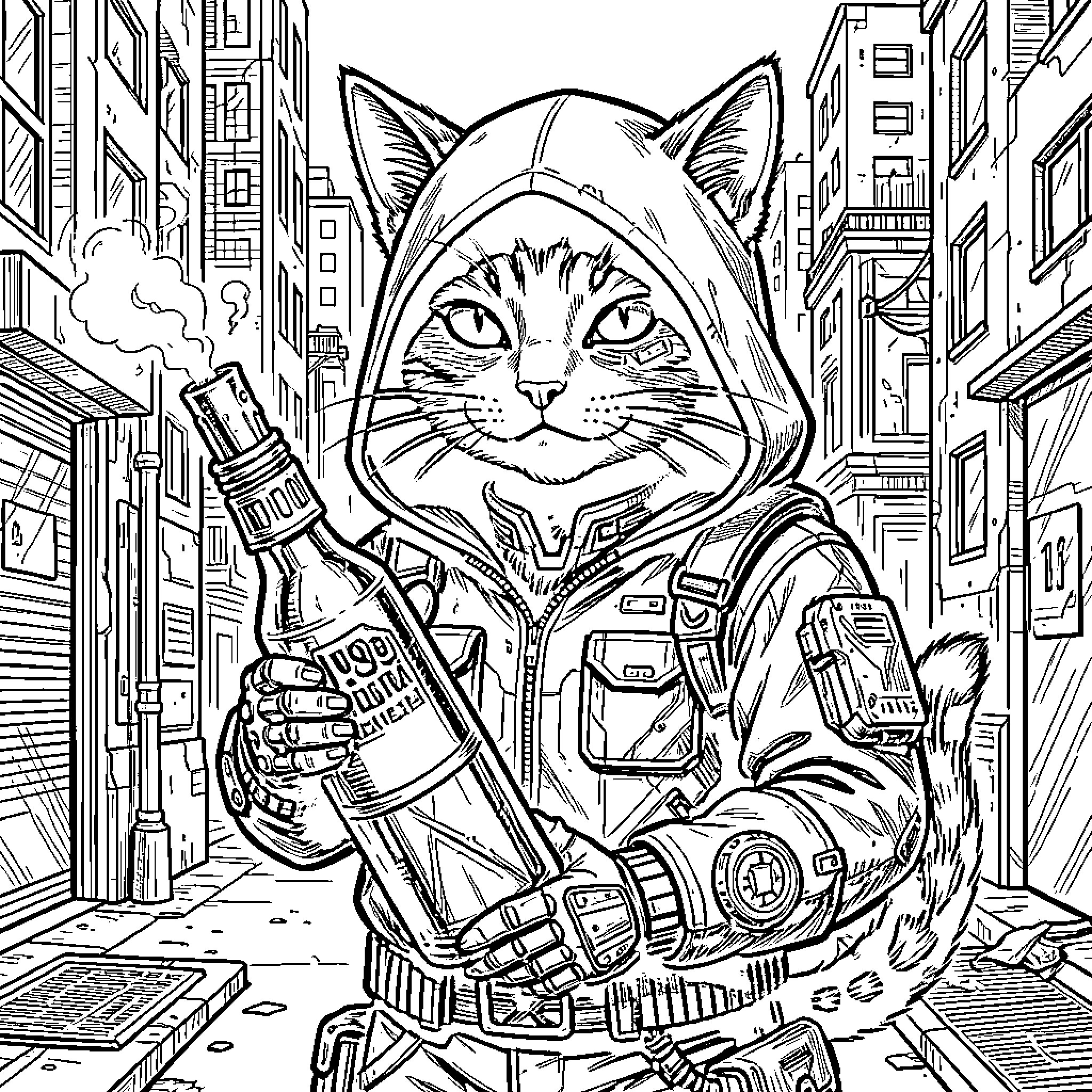 Cat in Futuristic Cityscape with Gadgets Coloring Page (free black-and-white line drawing printable PDF for all, from beginners to advanced learners, including children, teens, adults, and seniors)