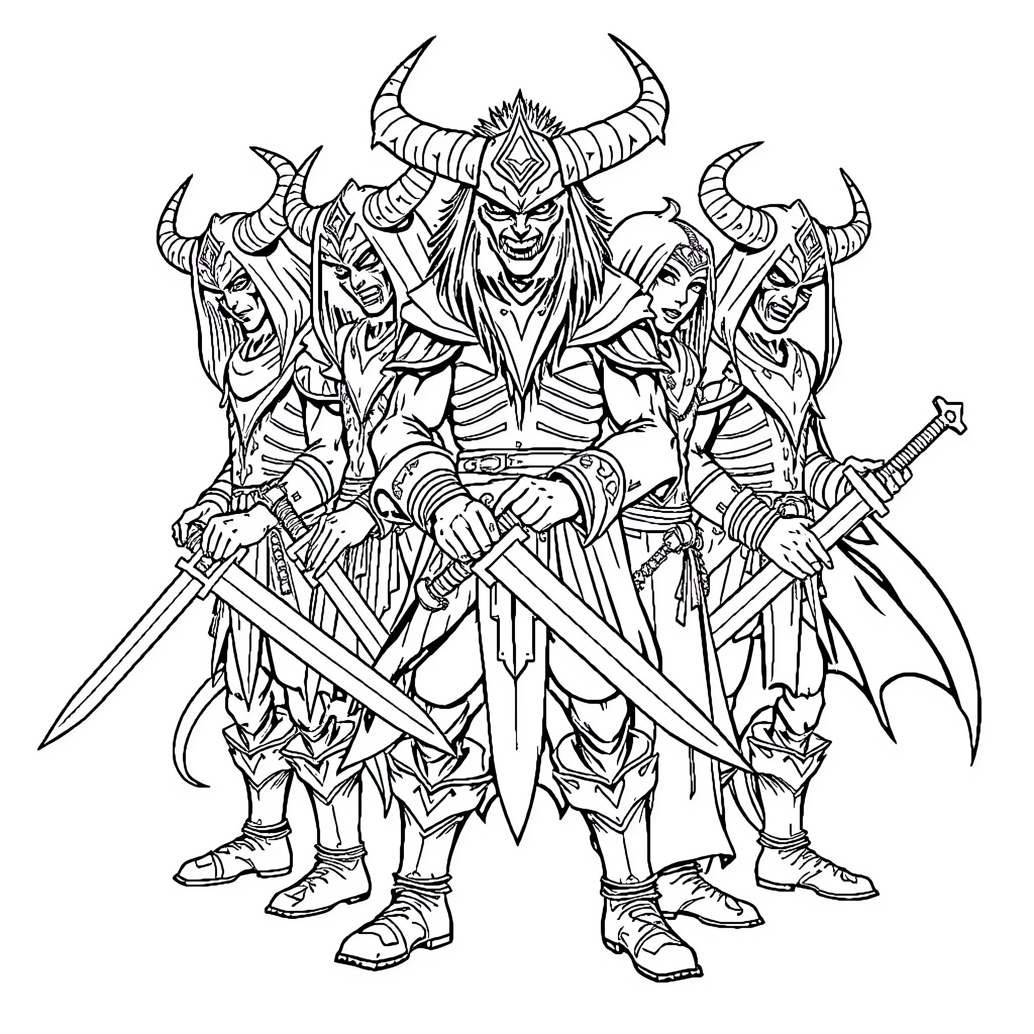 Demon Slayer Warriors in Fierce Battle Formation Coloring Page (free black-and-white line drawing printable PDF for all, from beginners to advanced learners, including children, teens, adults, and seniors)