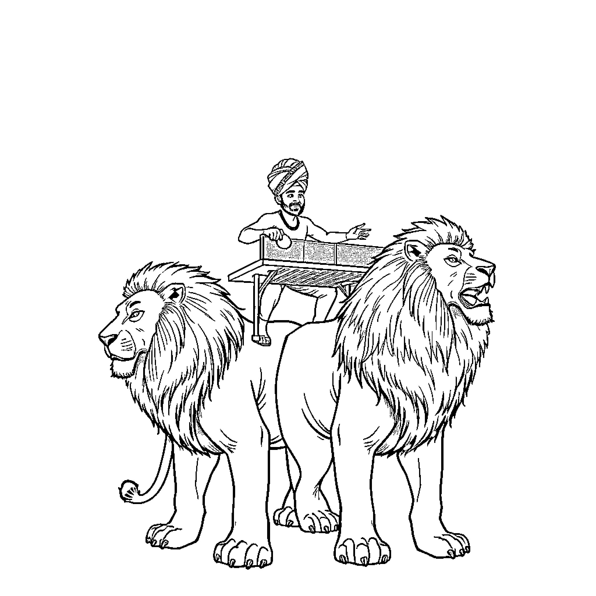 Turban Man riding lions with musical instrument Coloring Page (free black-and-white line drawing printable PDF for all, from beginners to advanced learners, including children, teens, adults, and seniors)