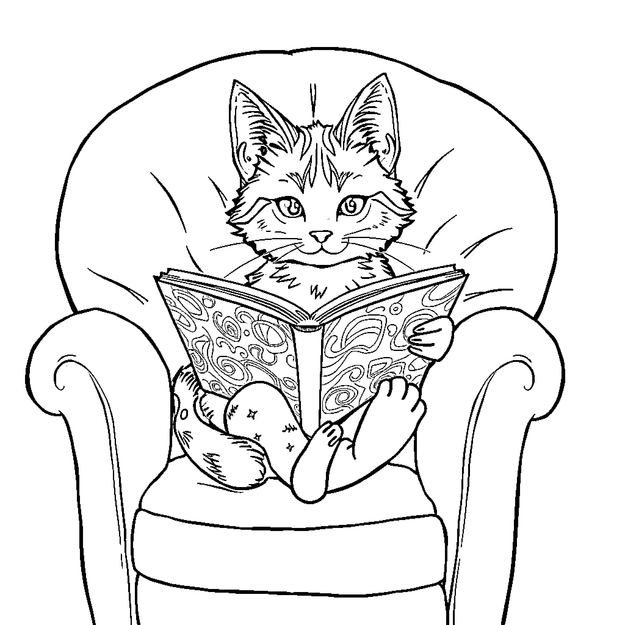 Huntrix Reading Whimsical Book in Armchair Coloring Page (free black-and-white line drawing printable PDF for all, from beginners to advanced learners, including children, teens, adults, and seniors)