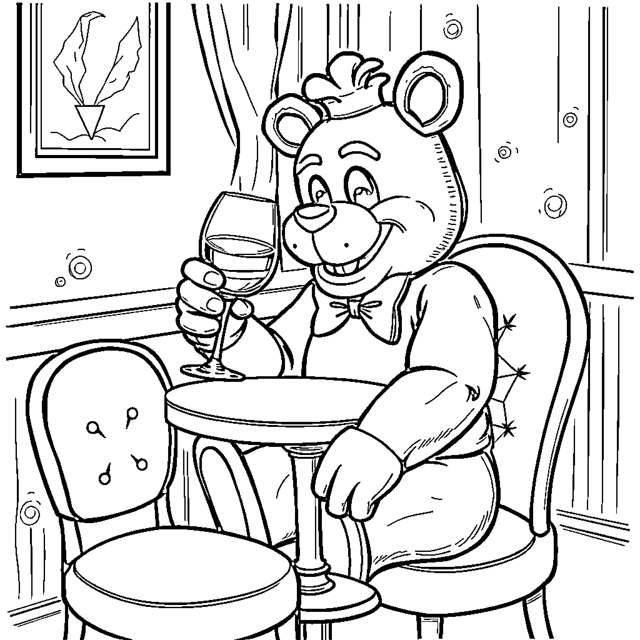 Golden Freddy enjoying a glass of wine in a cozy setting Coloring Page (free black-and-white line drawing printable PDF for all, from beginners to advanced learners, including children, teens, adults, and seniors)