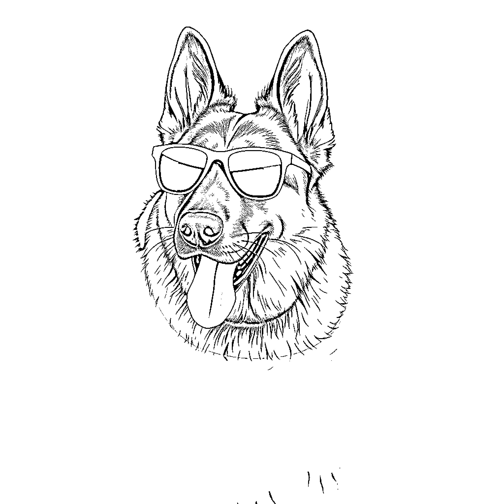German Shepherd Wearing Trendy Sunglasses Coloring Page (free black-and-white line drawing printable PDF for all, from beginners to advanced learners, including children, teens, adults, and seniors)