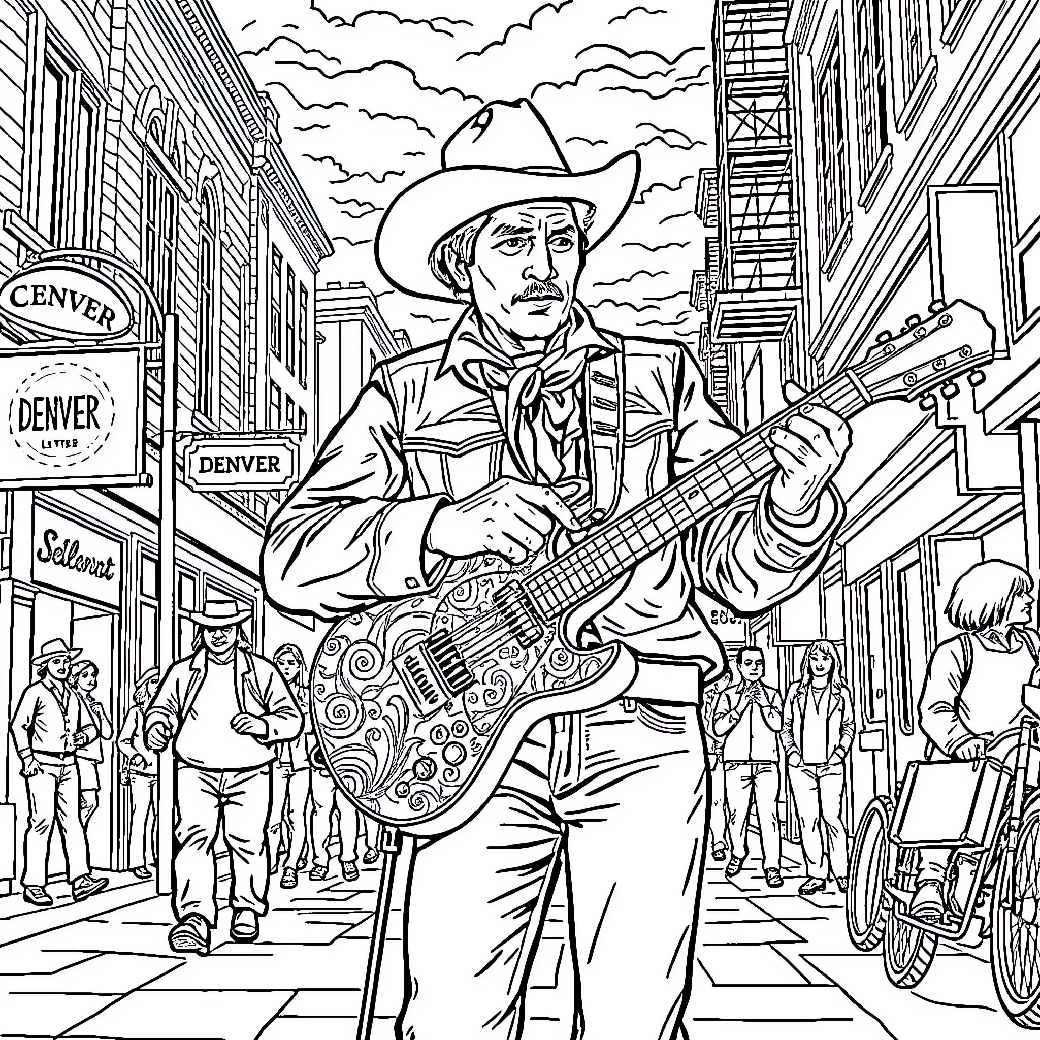 Wyatt Earp playing guitar in a lively Old West town Coloring Page (free black-and-white line drawing printable PDF for all, from beginners to advanced learners, including children, teens, adults, and seniors)
