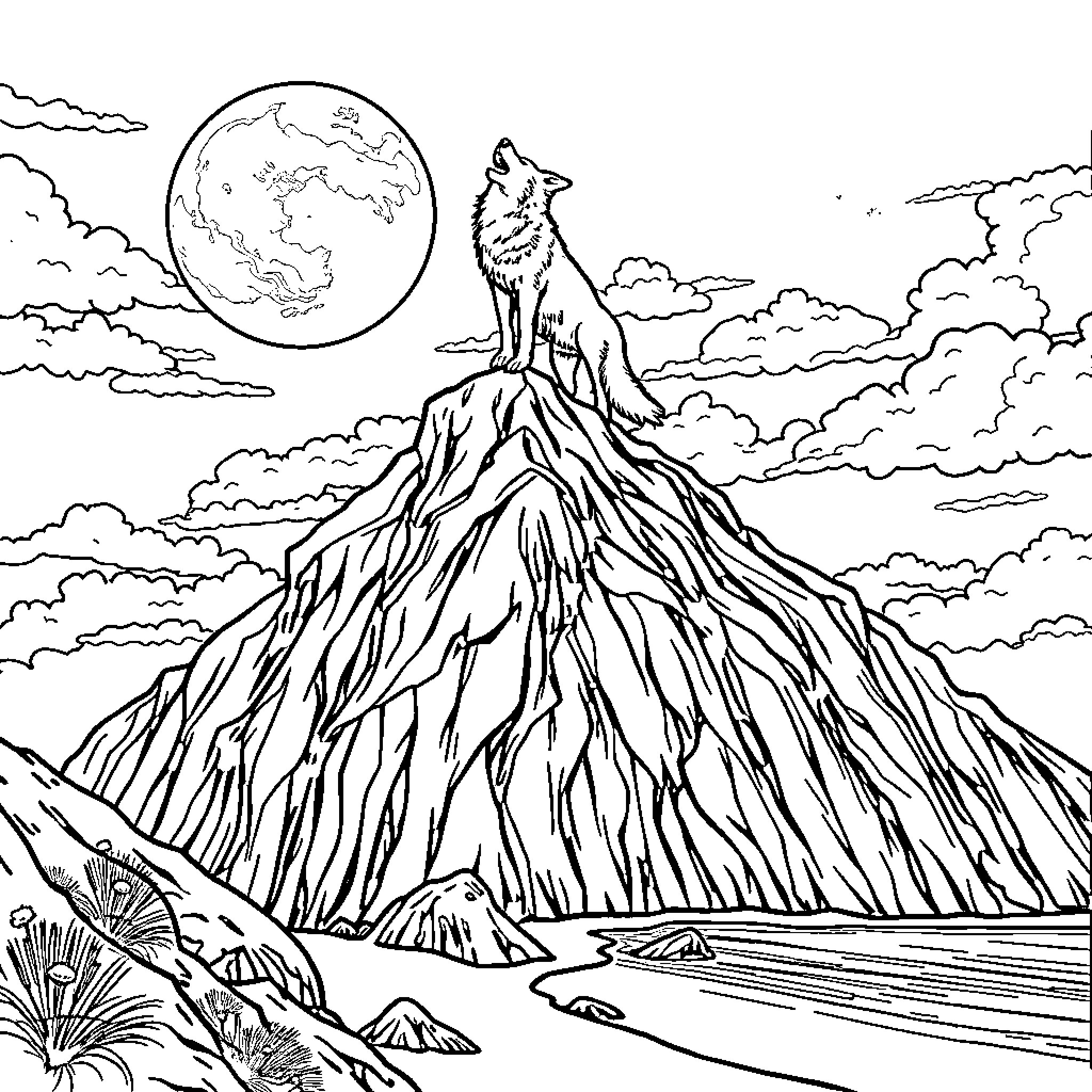 Wolf Howling at the Moonlit Sky Coloring Page (free black-and-white line drawing printable PDF for all, from beginners to advanced learners, including children, teens, adults, and seniors)