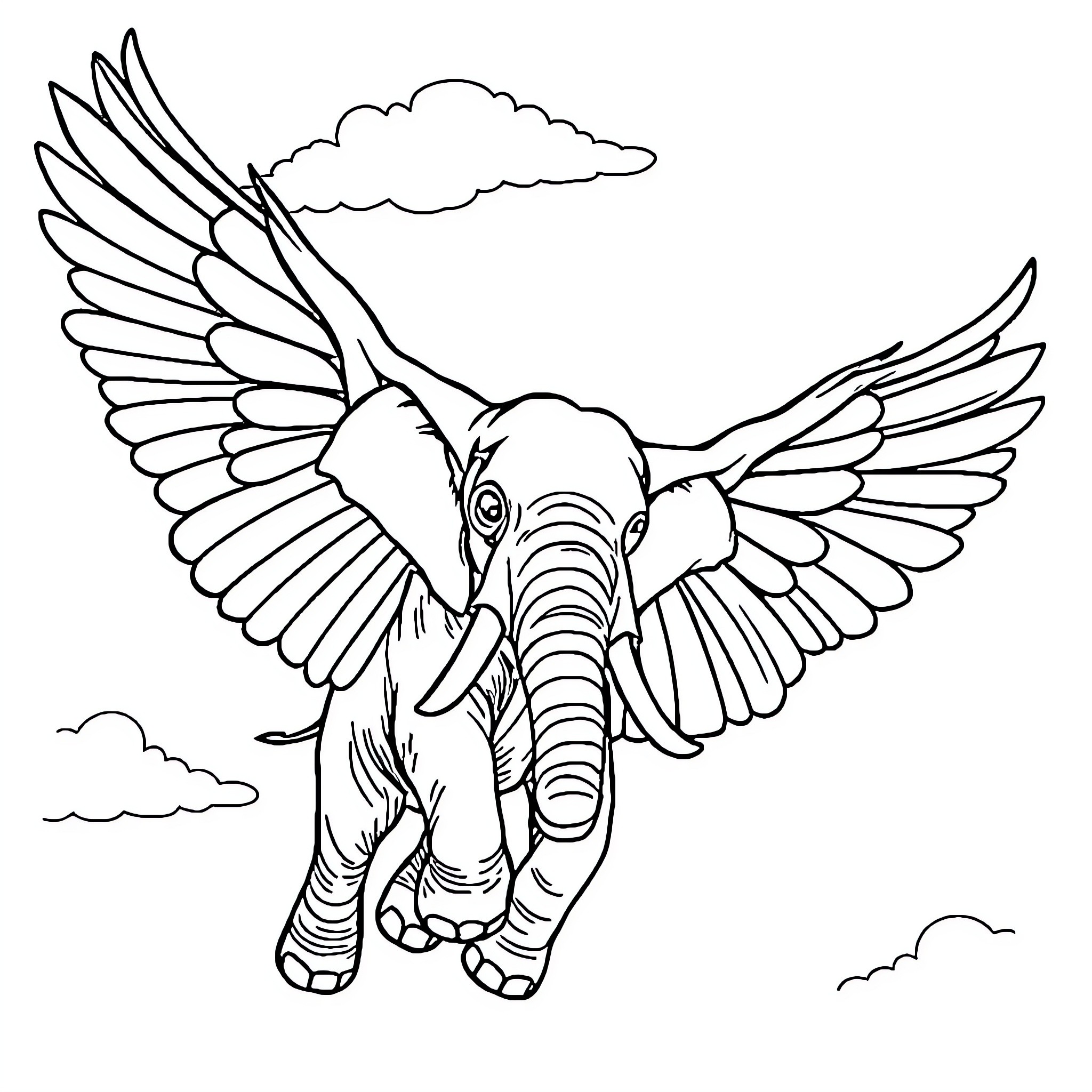Flying Elephant with Spreading Wings in the Sky Coloring Page (free black-and-white line drawing printable PDF for all, from beginners to advanced learners, including children, teens, adults, and seniors)