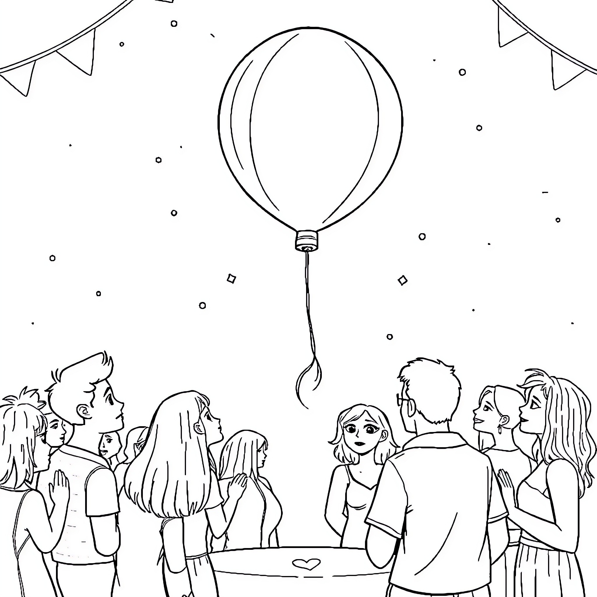 Balloon celebration with a group of people Coloring Page (free black-and-white line drawing printable PDF for all, from beginners to advanced learners, including children, teens, adults, and seniors)