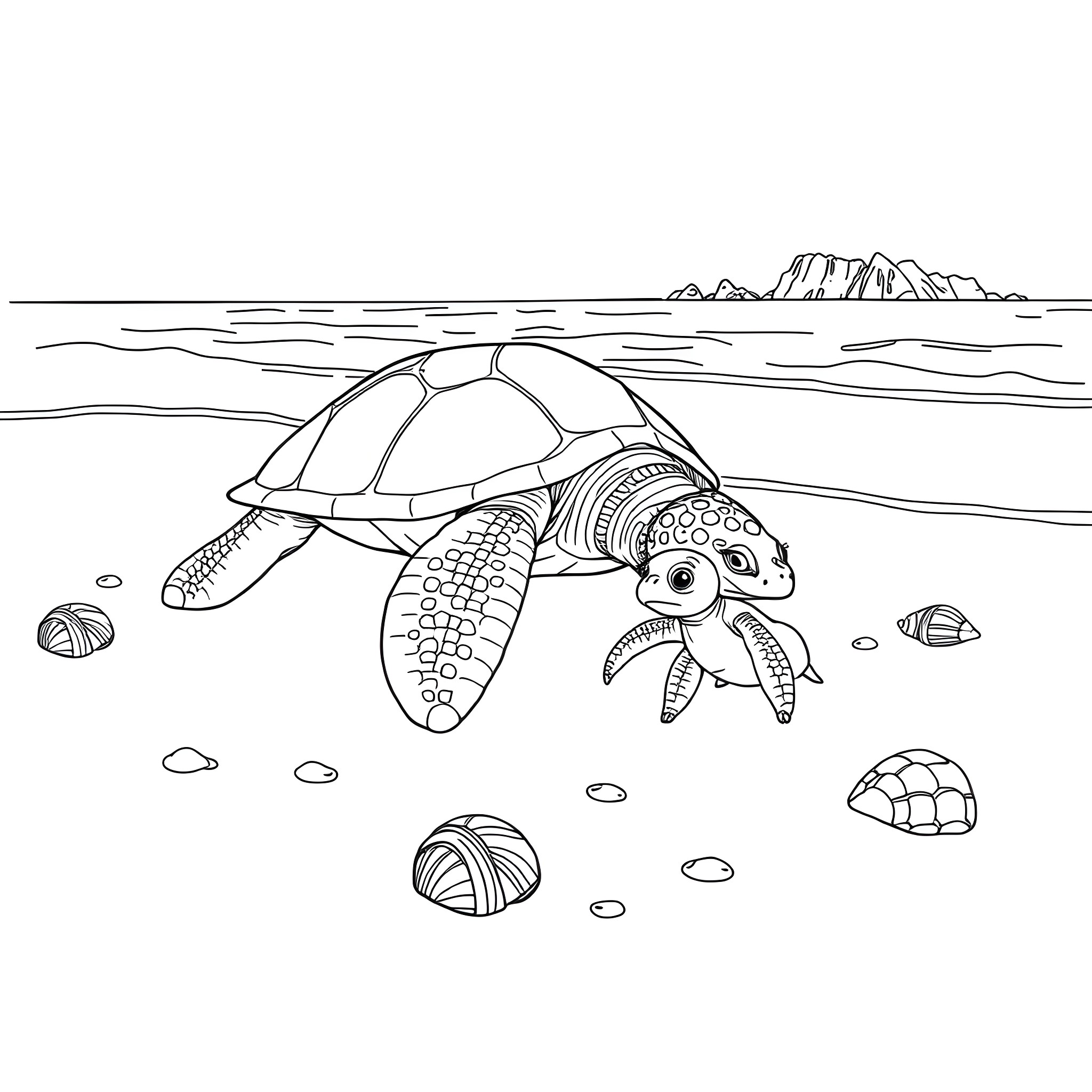 Turtle exploring the underwater landscape Coloring Page (free black-and-white line drawing printable PDF for all, from beginners to advanced learners, including children, teens, adults, and seniors)